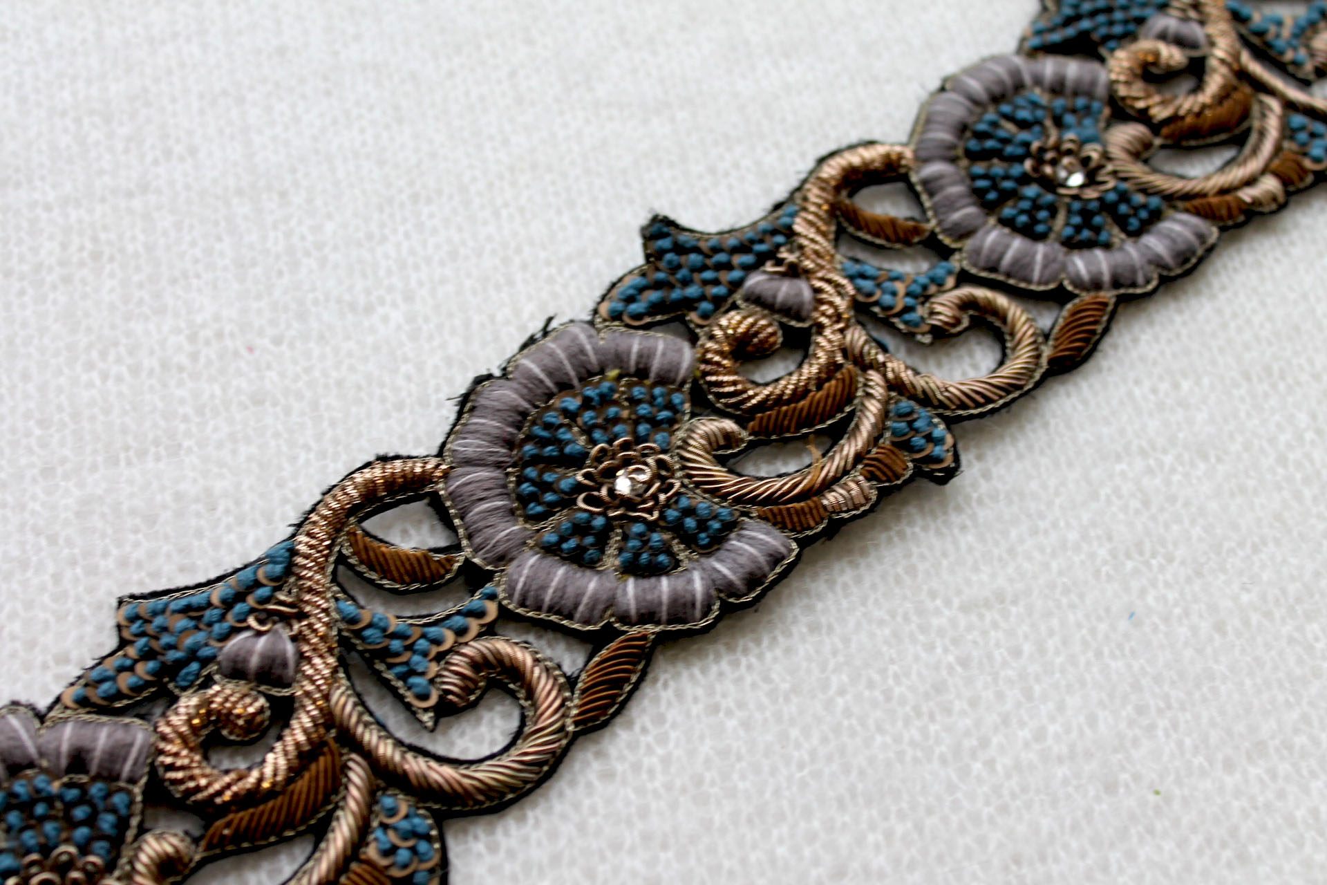 Zari Work Metallic Trim - Floral Gold, Copper & Grey Blue, image 2 of 4