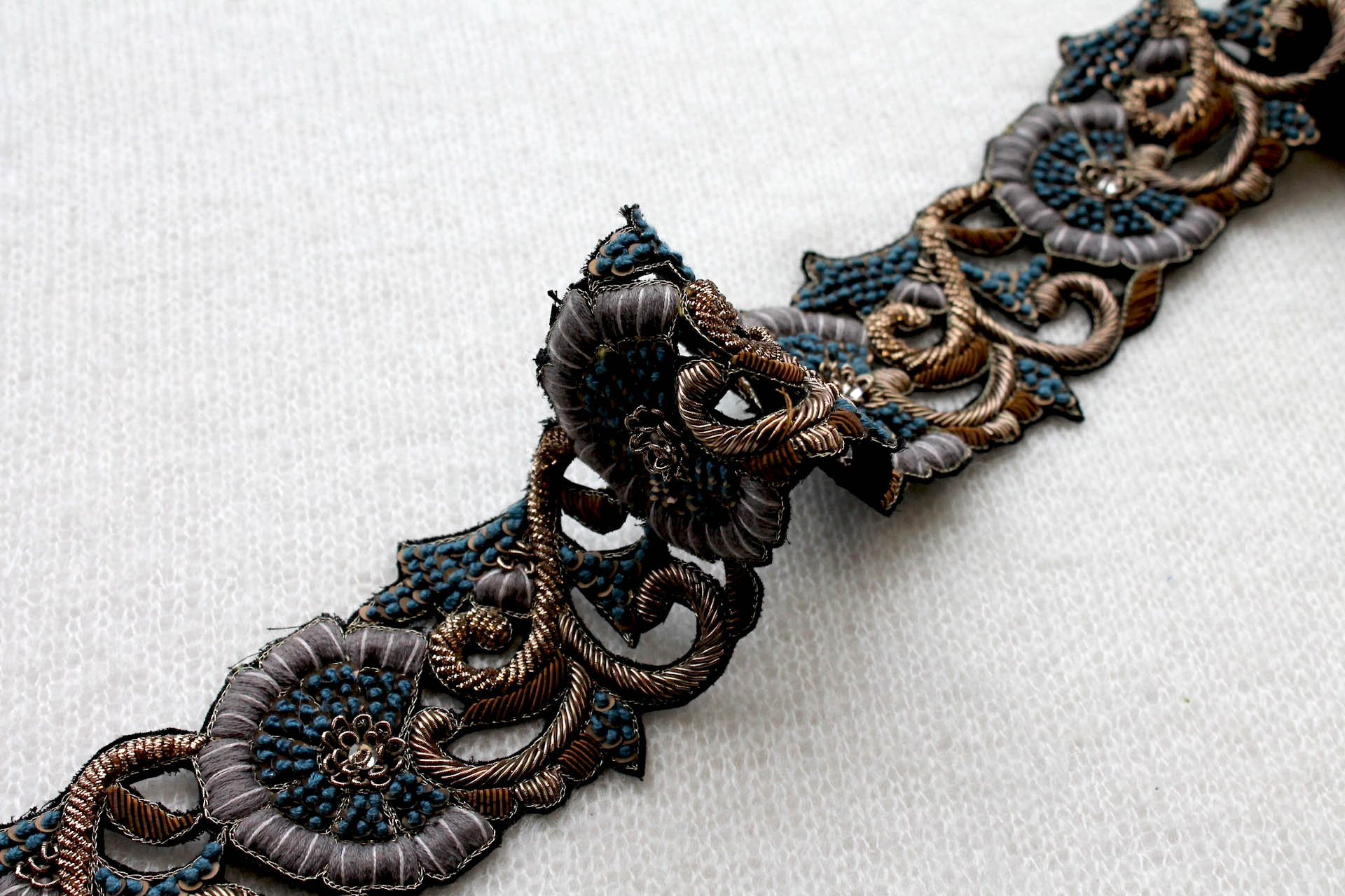 Zari Work Metallic Trim - Floral Gold, Copper & Grey Blue, image 3 of 4