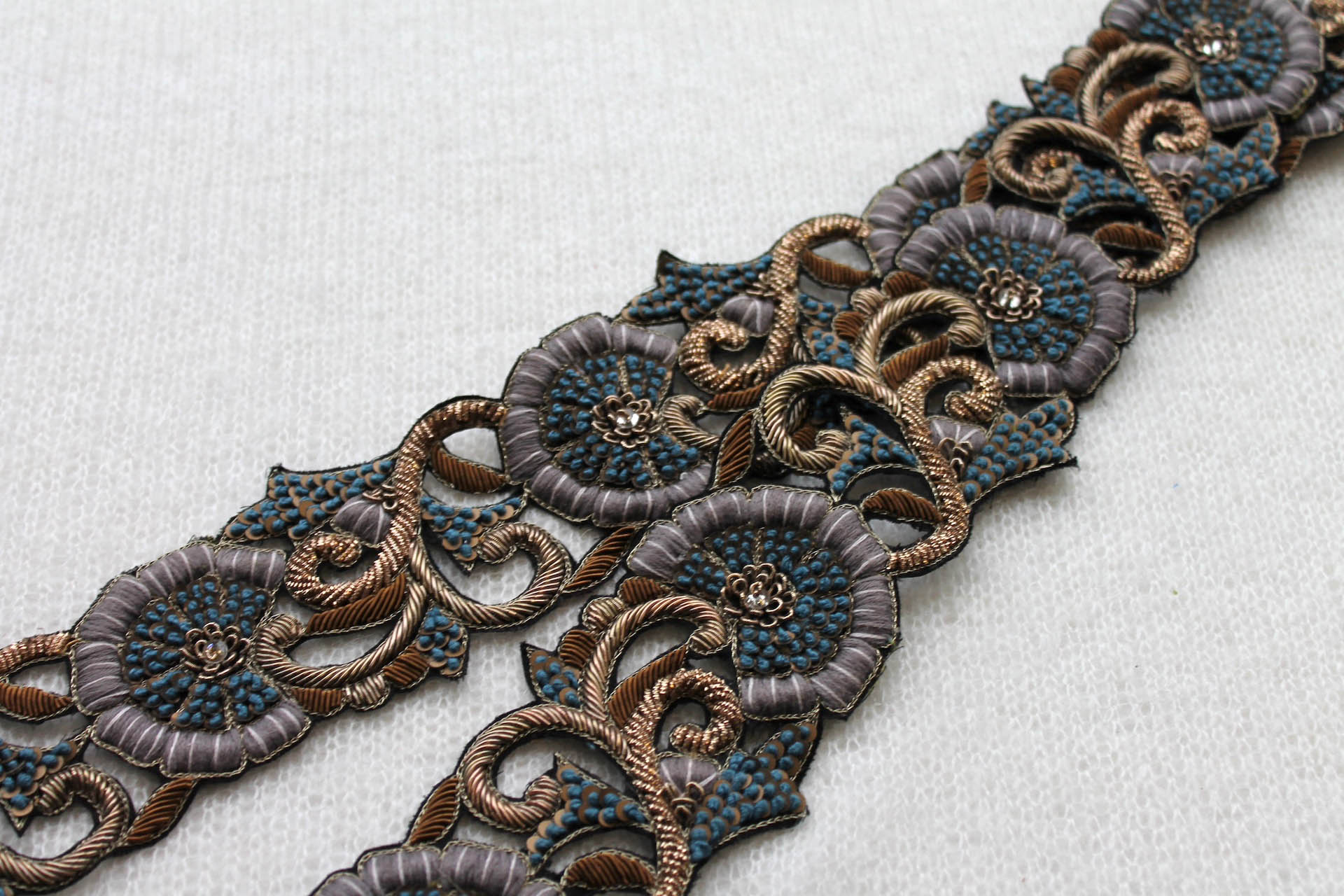 Zari Work Metallic Trim - Floral Gold, Copper & Grey Blue