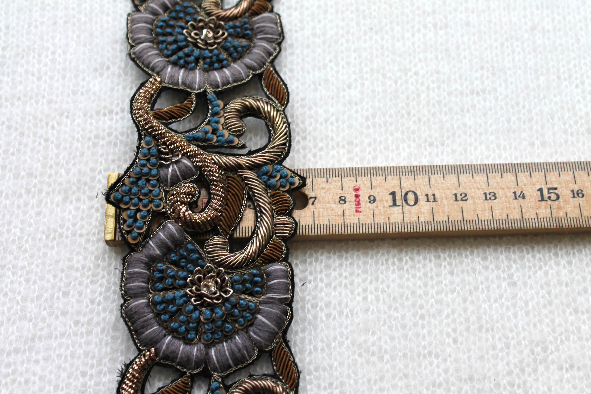 Zari Work Metallic Trim - Floral Gold, Copper & Grey Blue, image 4 of 4