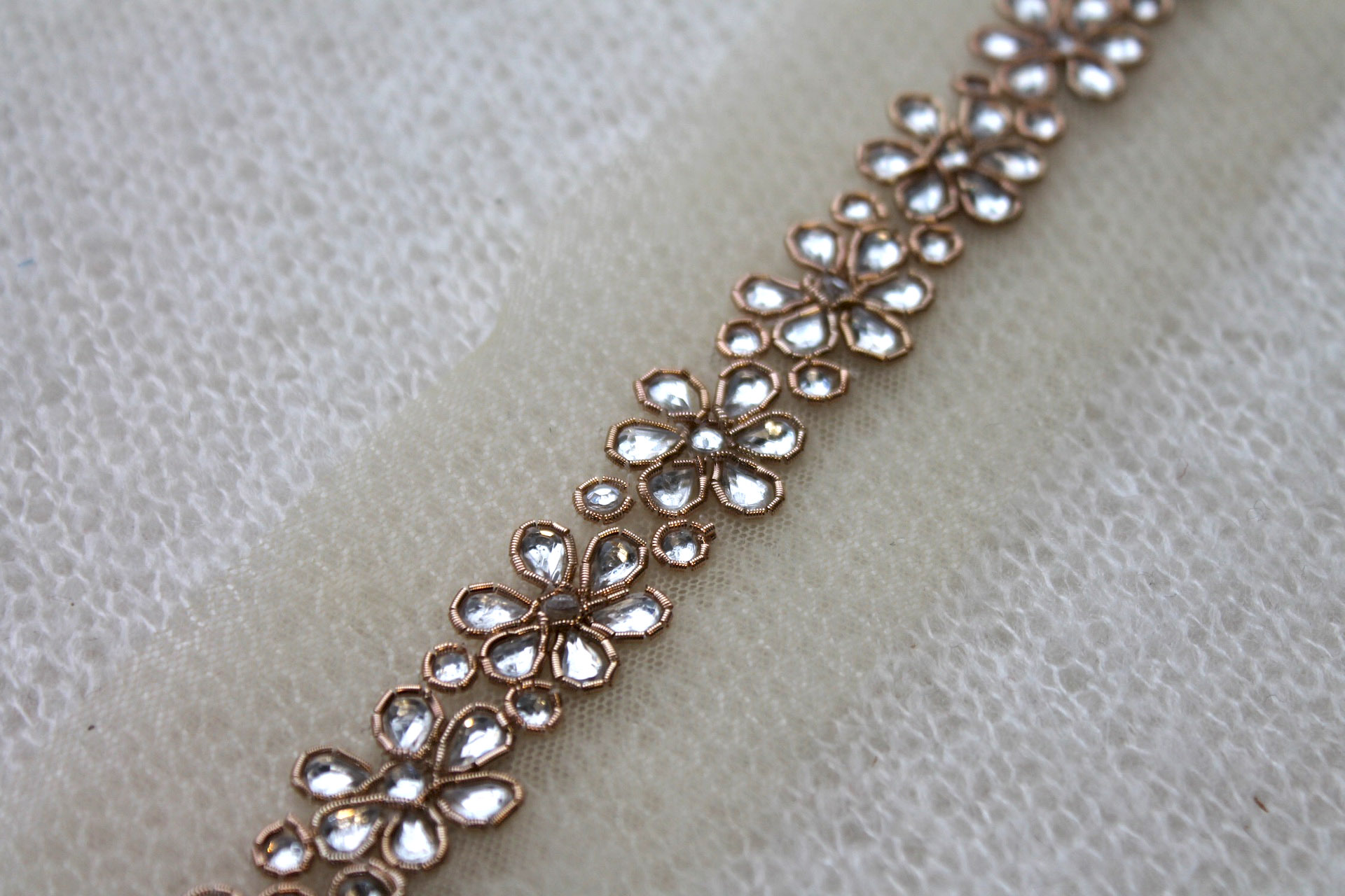 Floral Diamanté Metal Work Trim - Gold