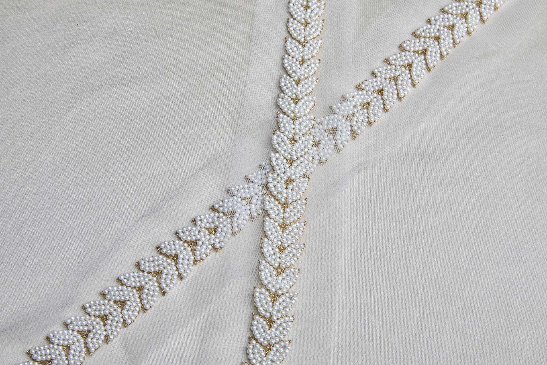Pearl and Metal Work Leaf Trim - Gold and Ivory