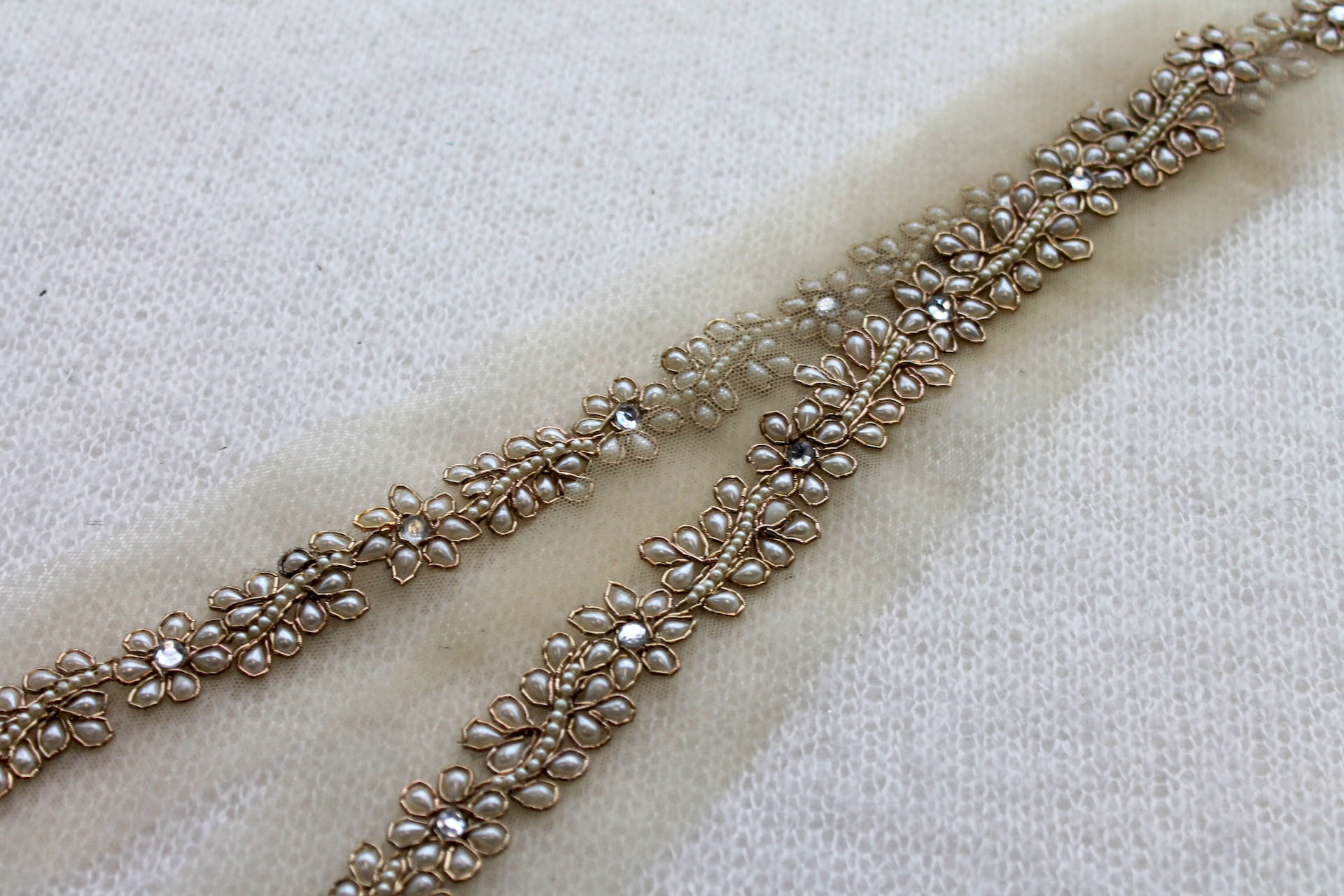 Floral Pearl and Metal Work Trim - Ivory / Coppery Gold, image 2 of 4