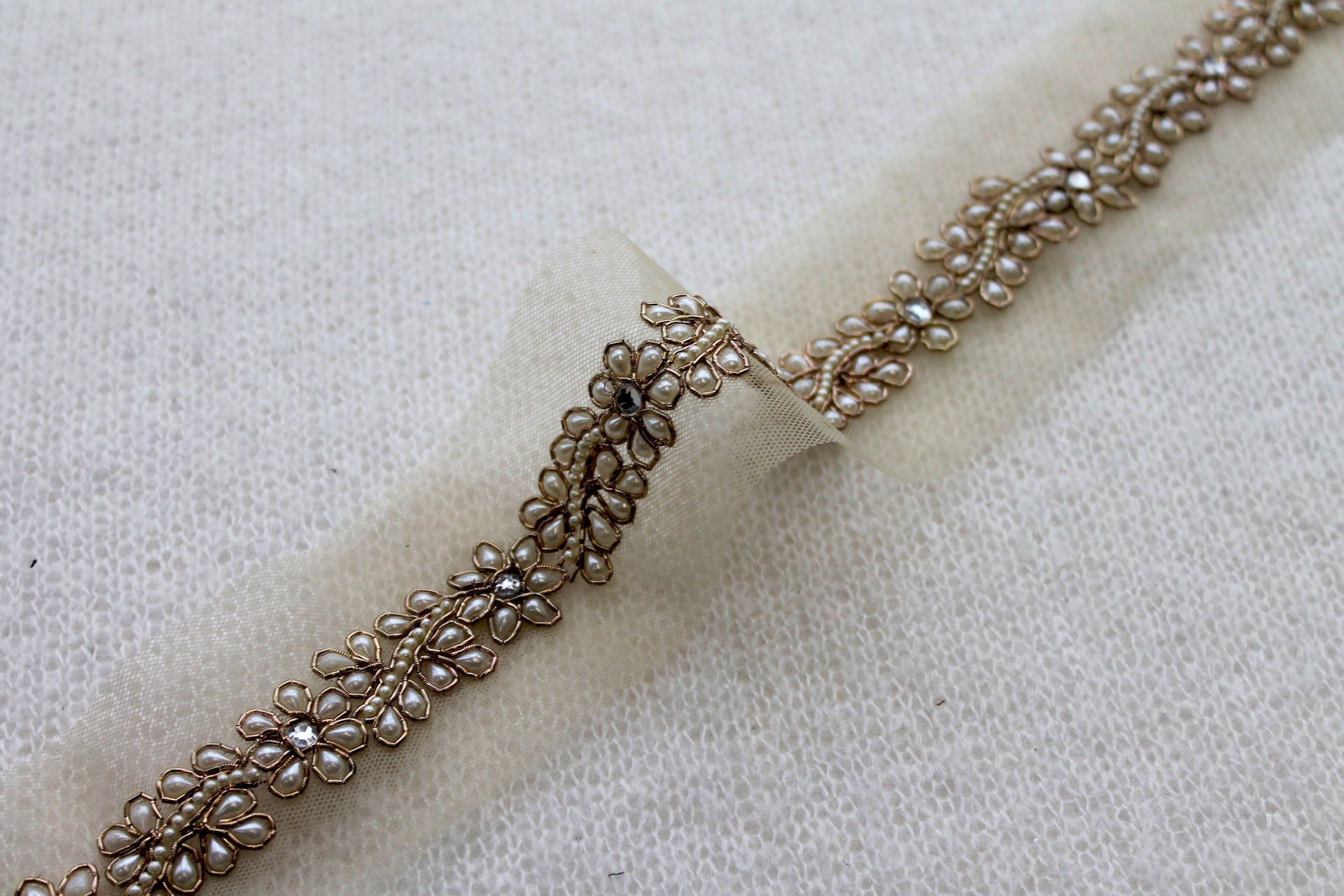Floral Pearl and Metal Work Trim - Ivory / Coppery Gold, image 3 of 4