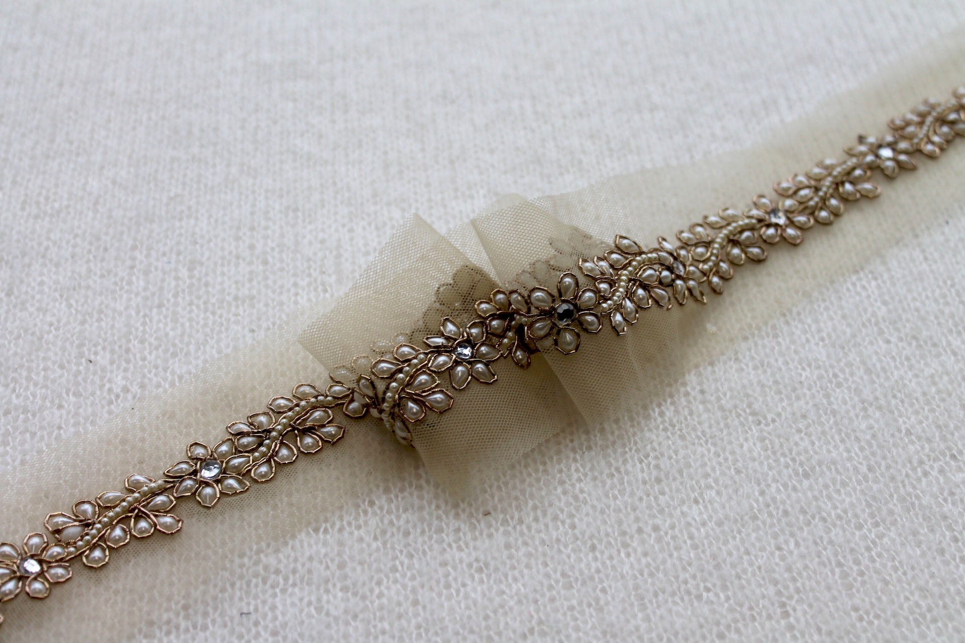 Floral Pearl and Metal Work Trim - Ivory / Coppery Gold, image 4 of 4