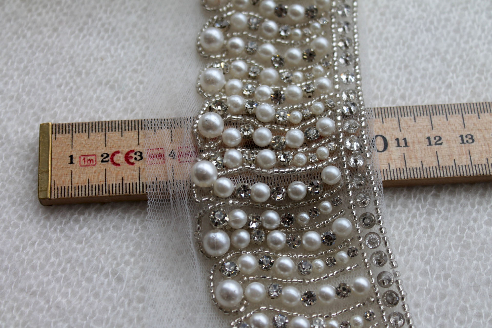 Art Deco Beaded Diamante & Pearl Trim in Ivory and Silver, image 2 of 6