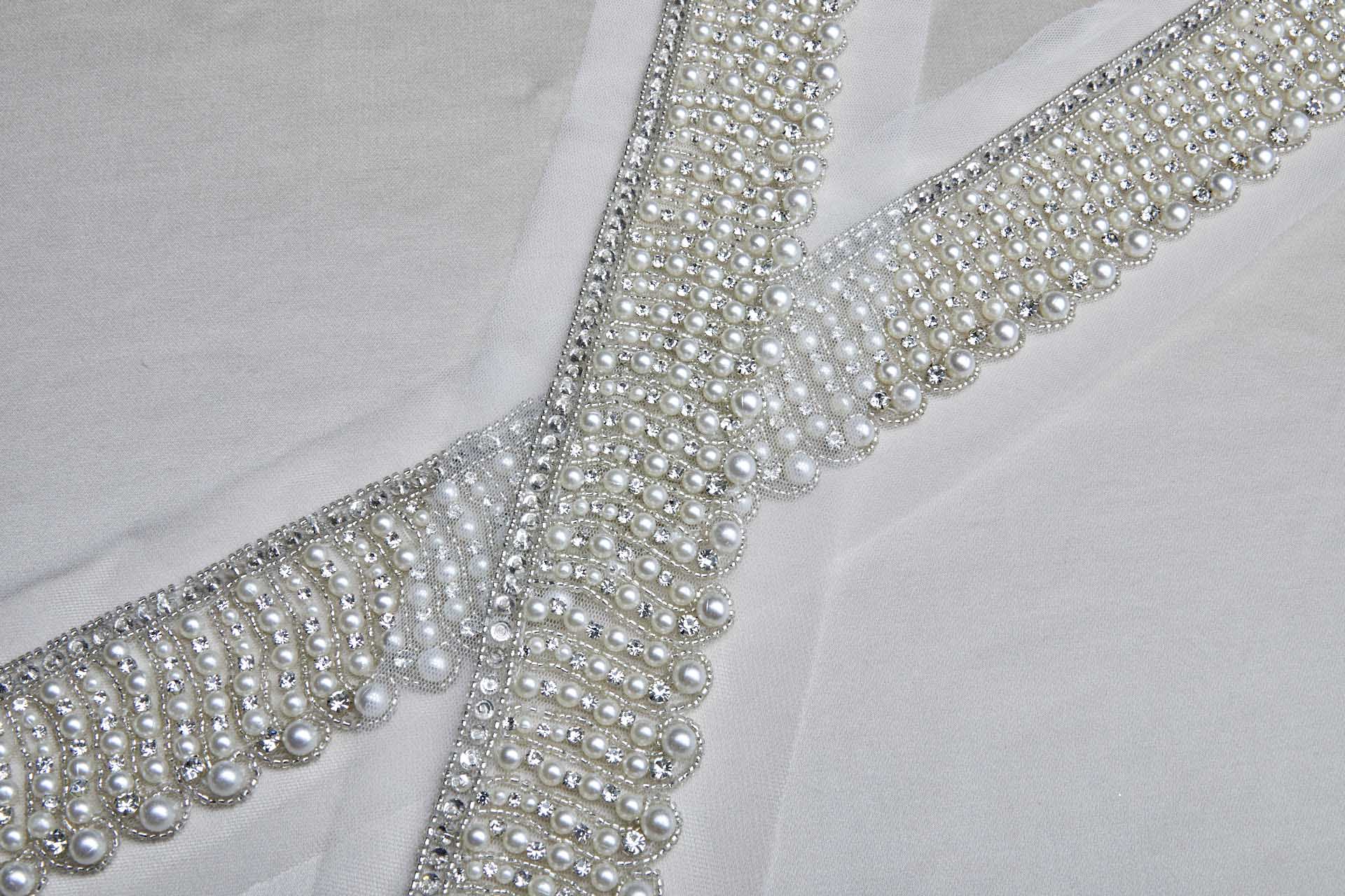 Art Deco Beaded Diamante & Pearl Trim in Ivory and Silver, image 5 of 6