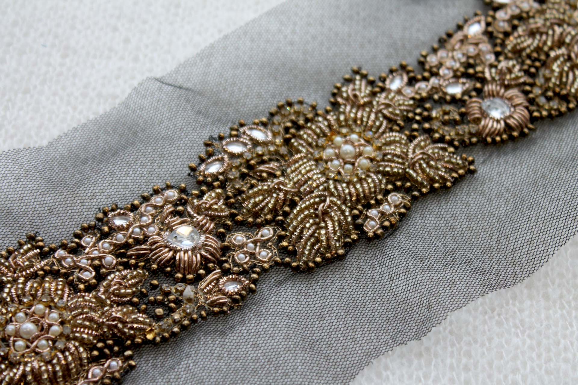 Gold Floral Beaded Diamante and Zari Work Trim