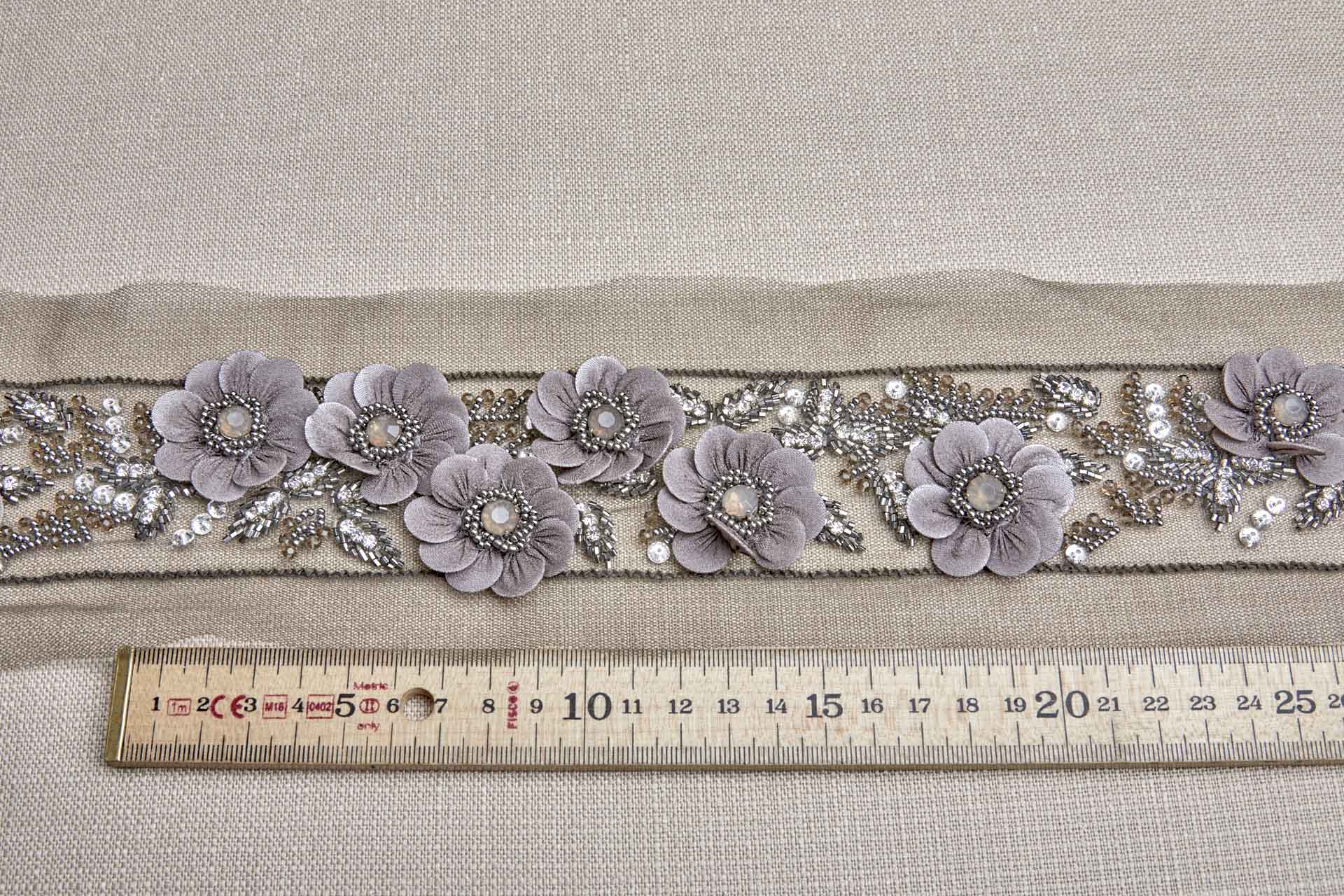 3D Floral Trim with Georgette covered Sequin Petals and Beaded Centre - Anthracite, image 2 of 7