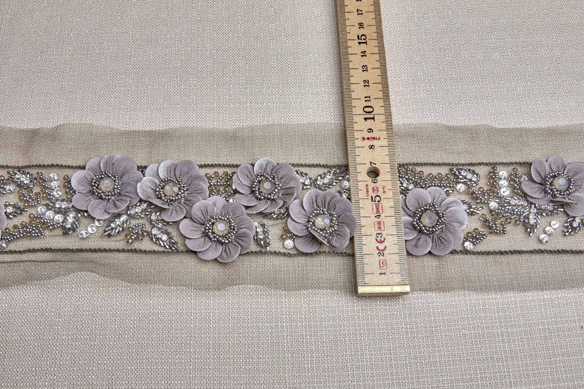 3D Floral Trim with Georgette covered Sequin Petals and Beaded Centre - Anthracite, image 3 of 7