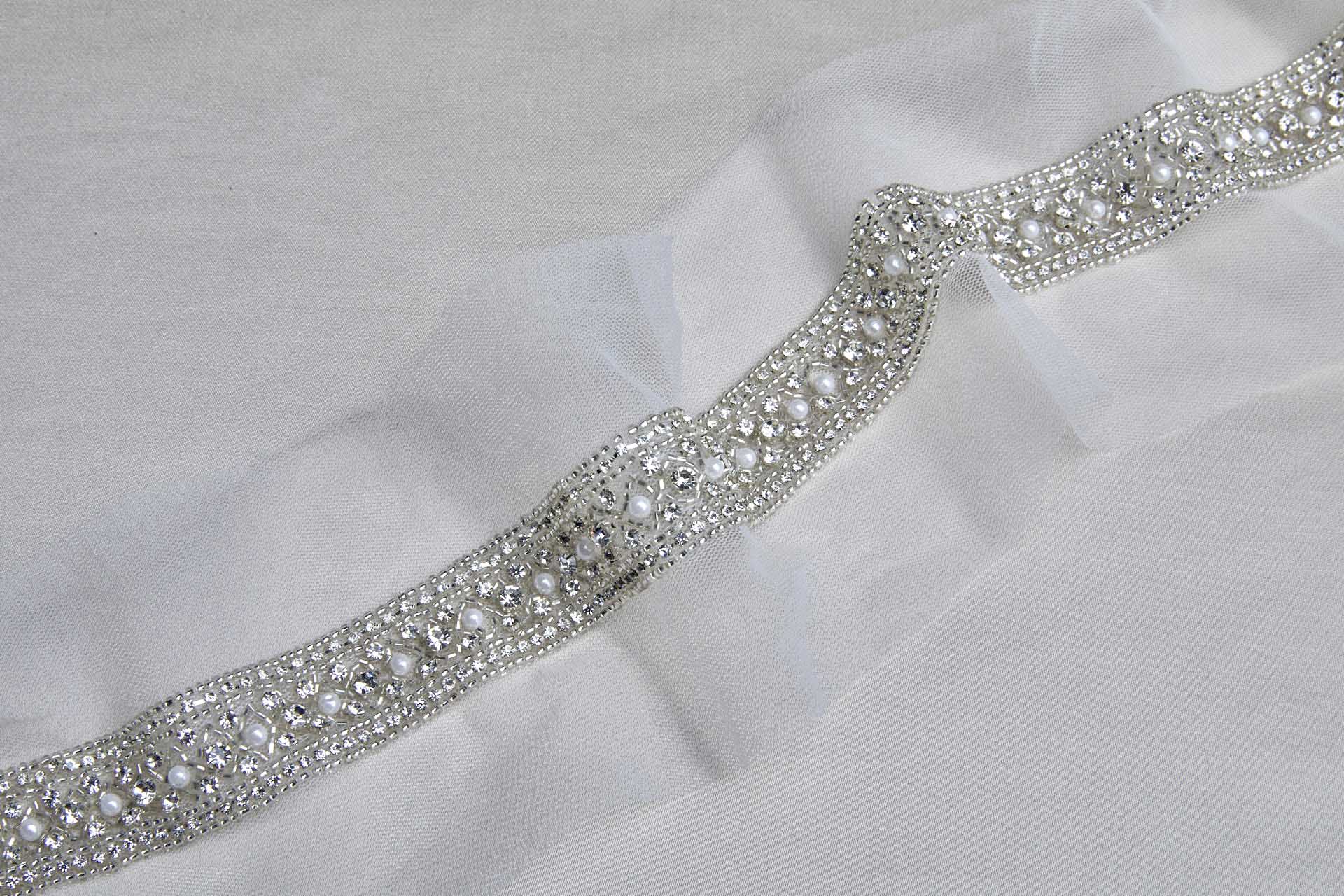 Wide "Criss Cross" Seed Bead and Diamante Trim in Silver, image 2 of 5