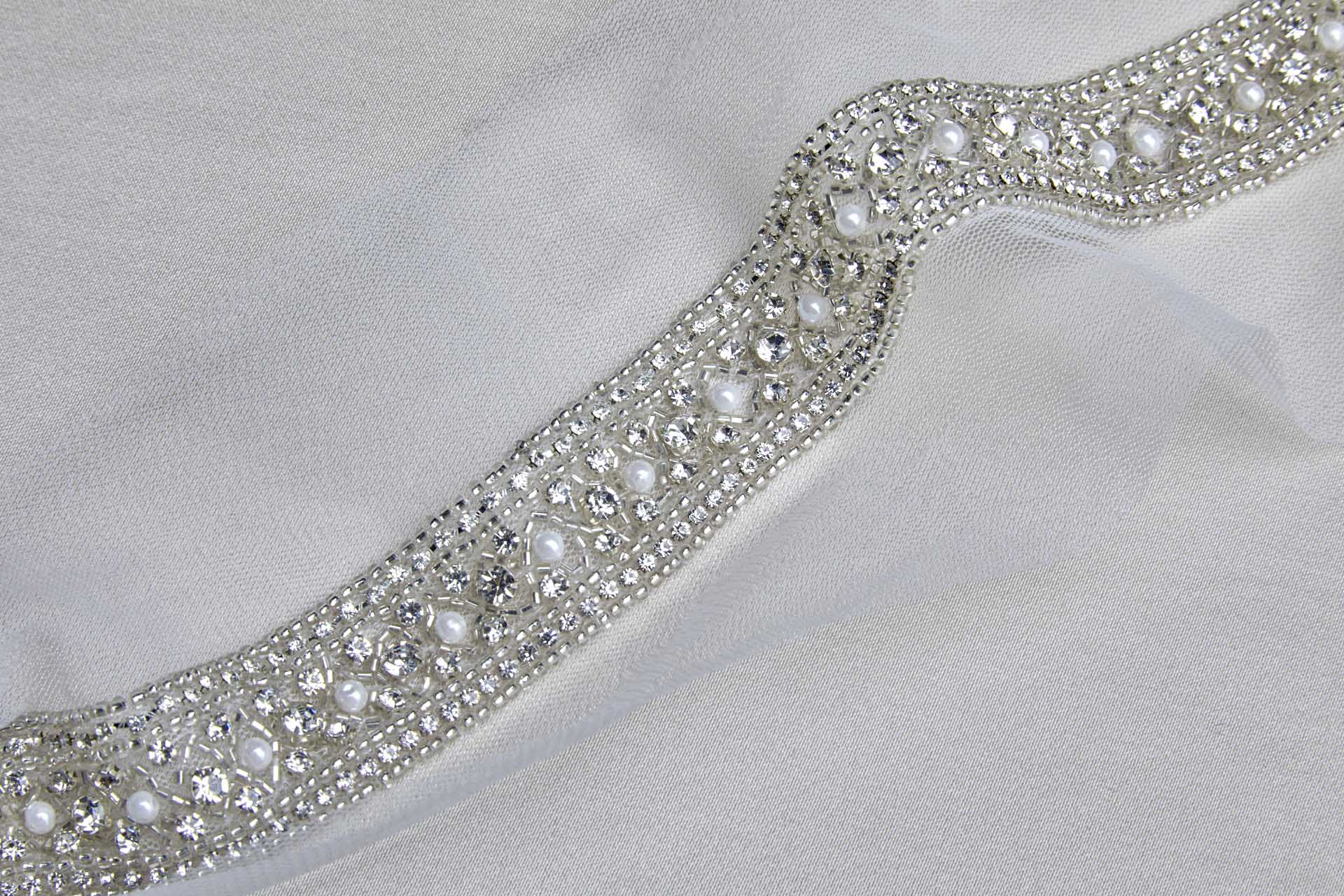 Wide "Criss Cross" Seed Bead and Diamante Trim in Silver
