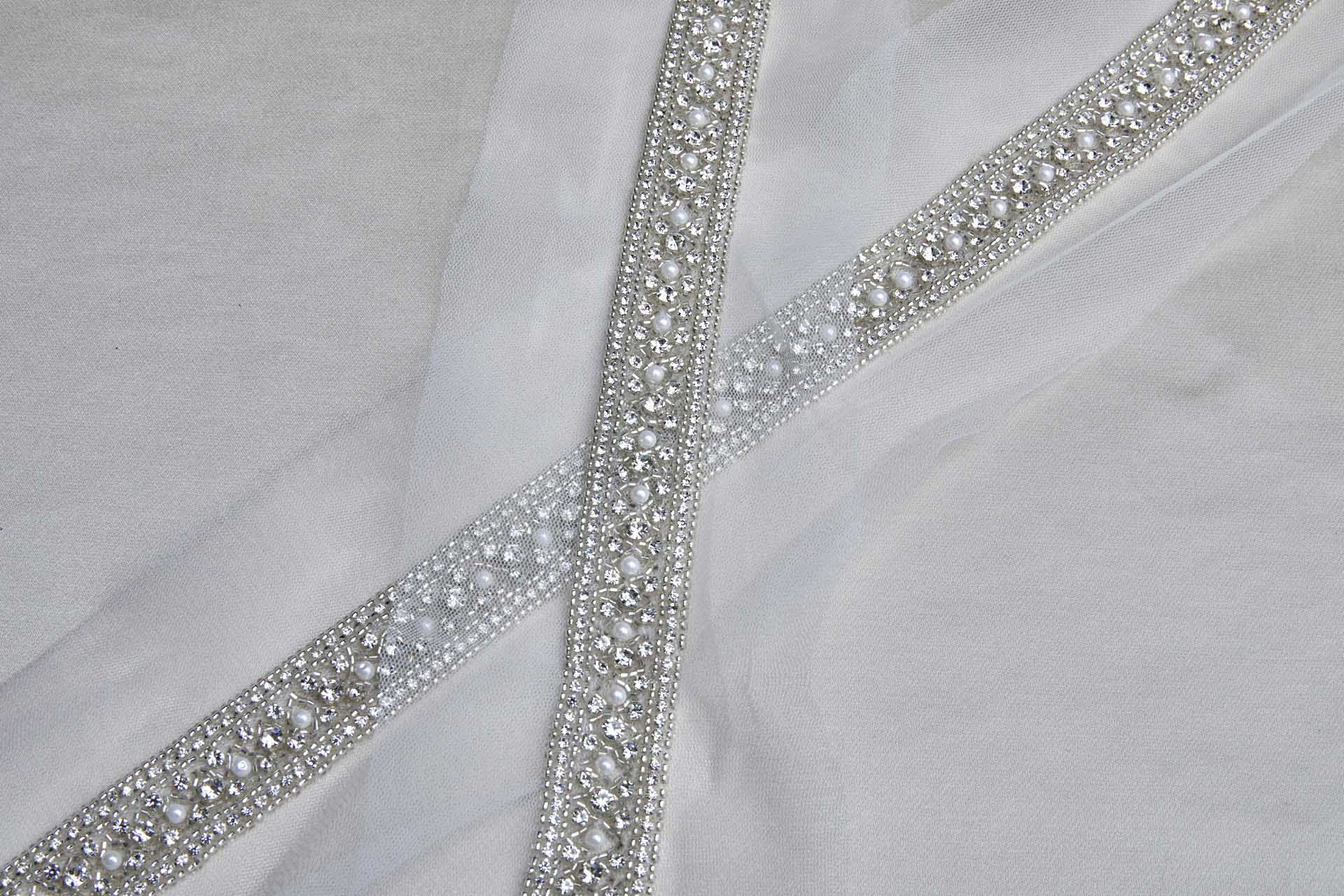 Wide "Criss Cross" Seed Bead and Diamante Trim in Silver, image 3 of 5