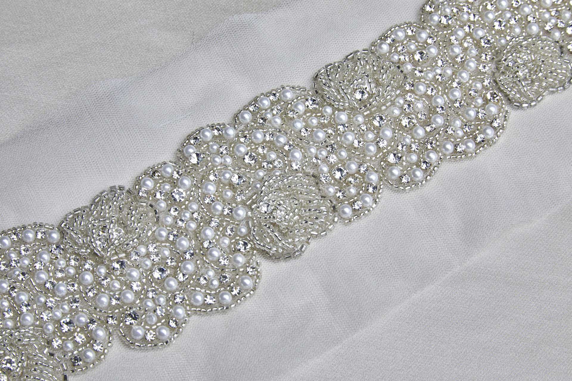 Diamante, Pearl and Glass Bead Trim - Silver