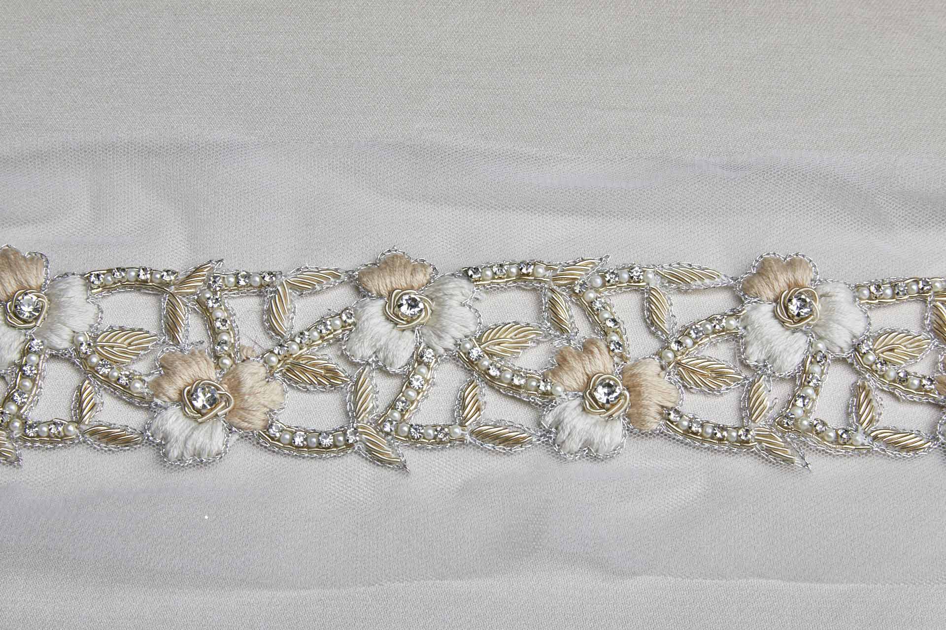 Floral Embroidered Cut-out Trim with Crystals, Beads, Metal Work and Pearls - Ivory/Blush, image 6 of 6