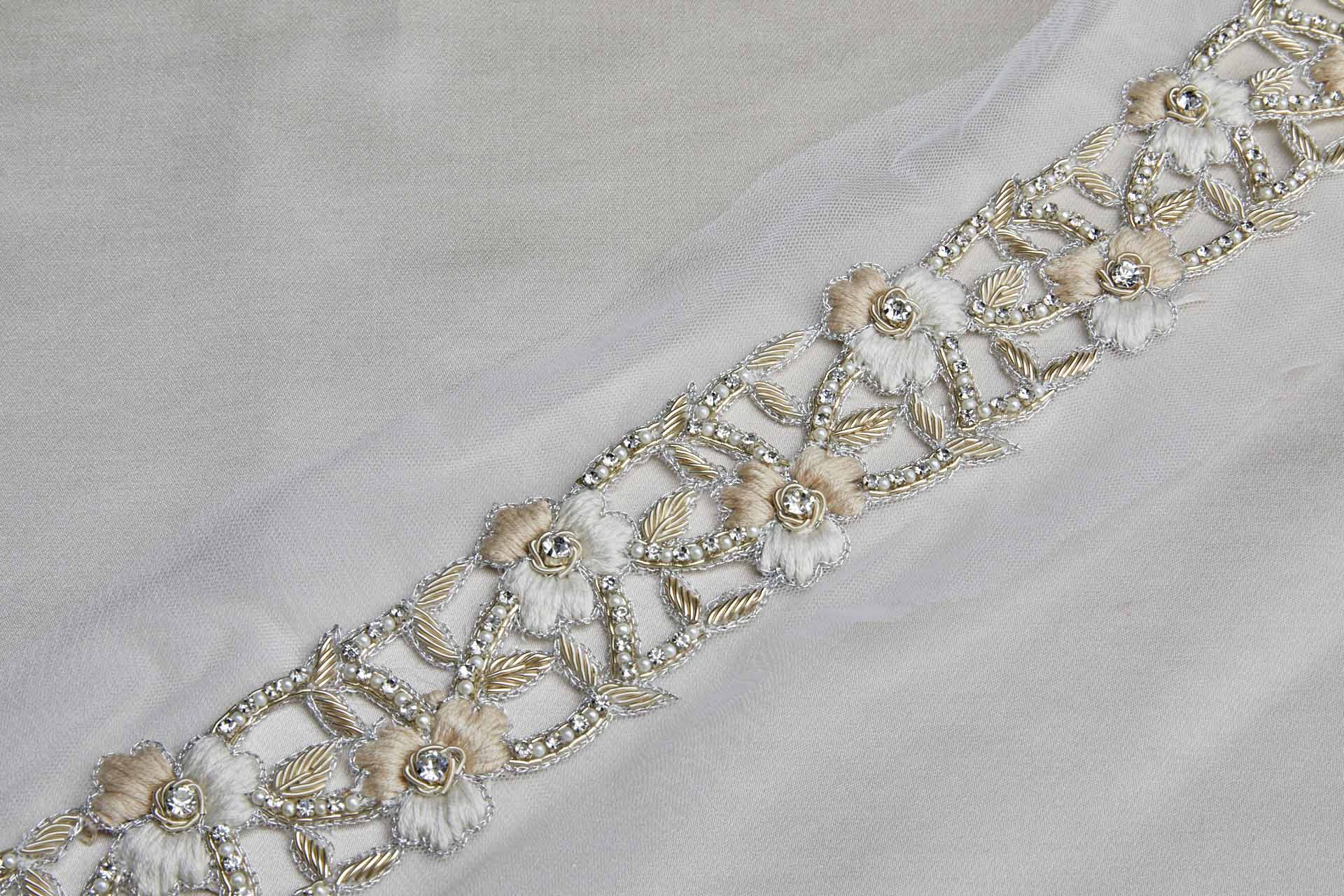 Floral Embroidered Cut-out Trim with Crystals, Beads, Metal Work and Pearls - Ivory/Blush, image 3 of 6