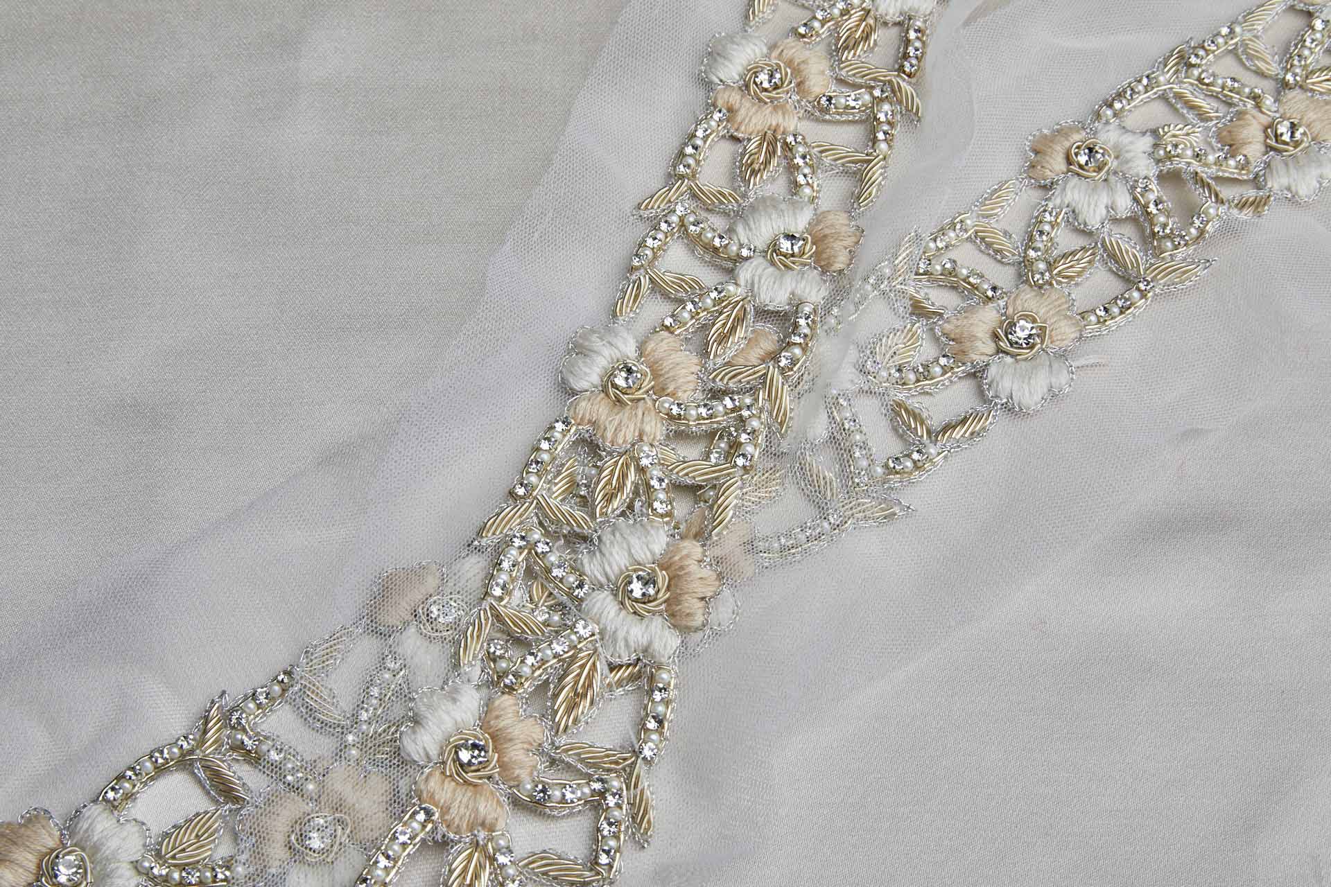 Floral Embroidered Cut-out Trim with Crystals, Beads, Metal Work and Pearls - Ivory/Blush, image 4 of 6