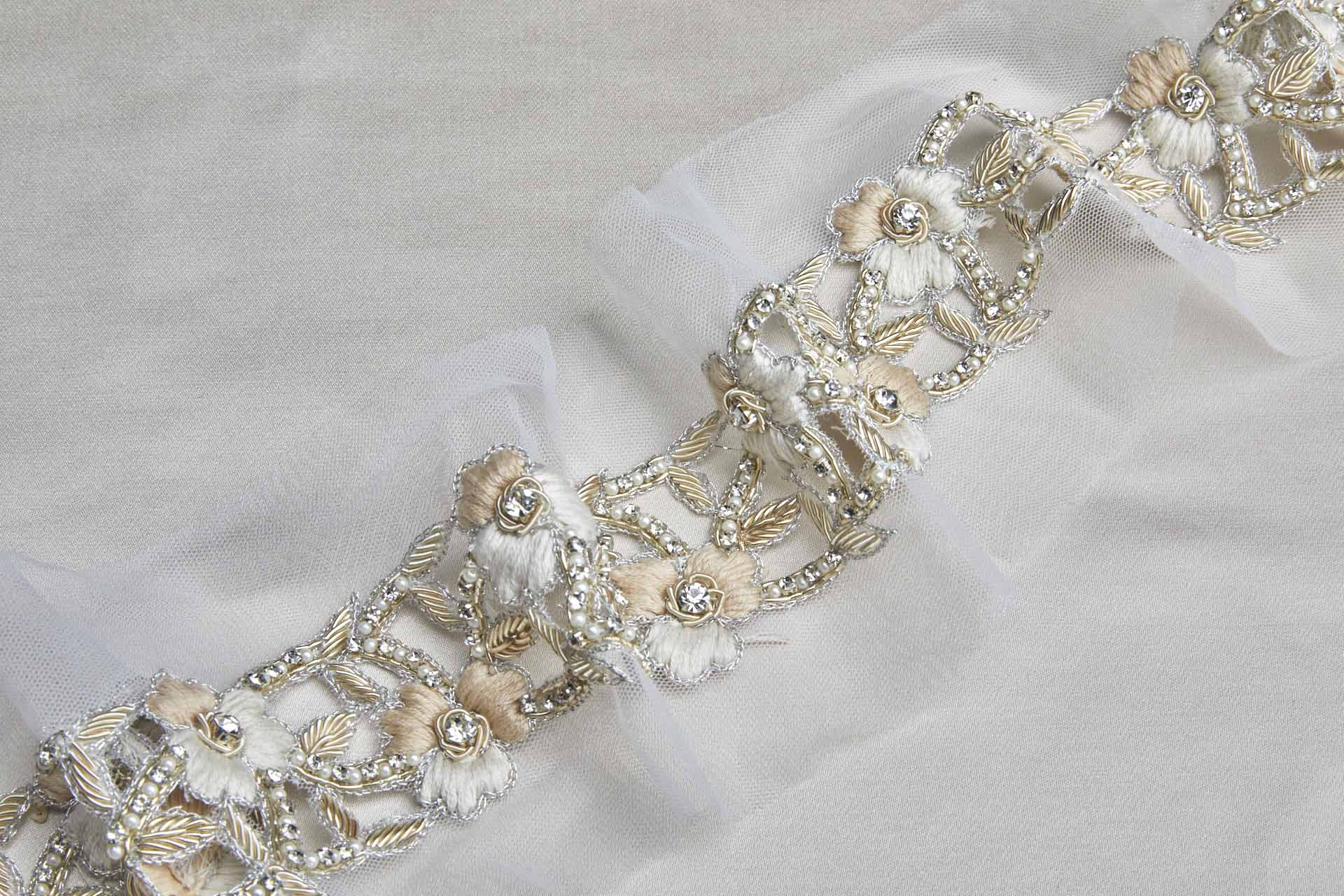 Floral Embroidered Cut-out Trim with Crystals, Beads, Metal Work and Pearls - Ivory/Blush, image 5 of 6