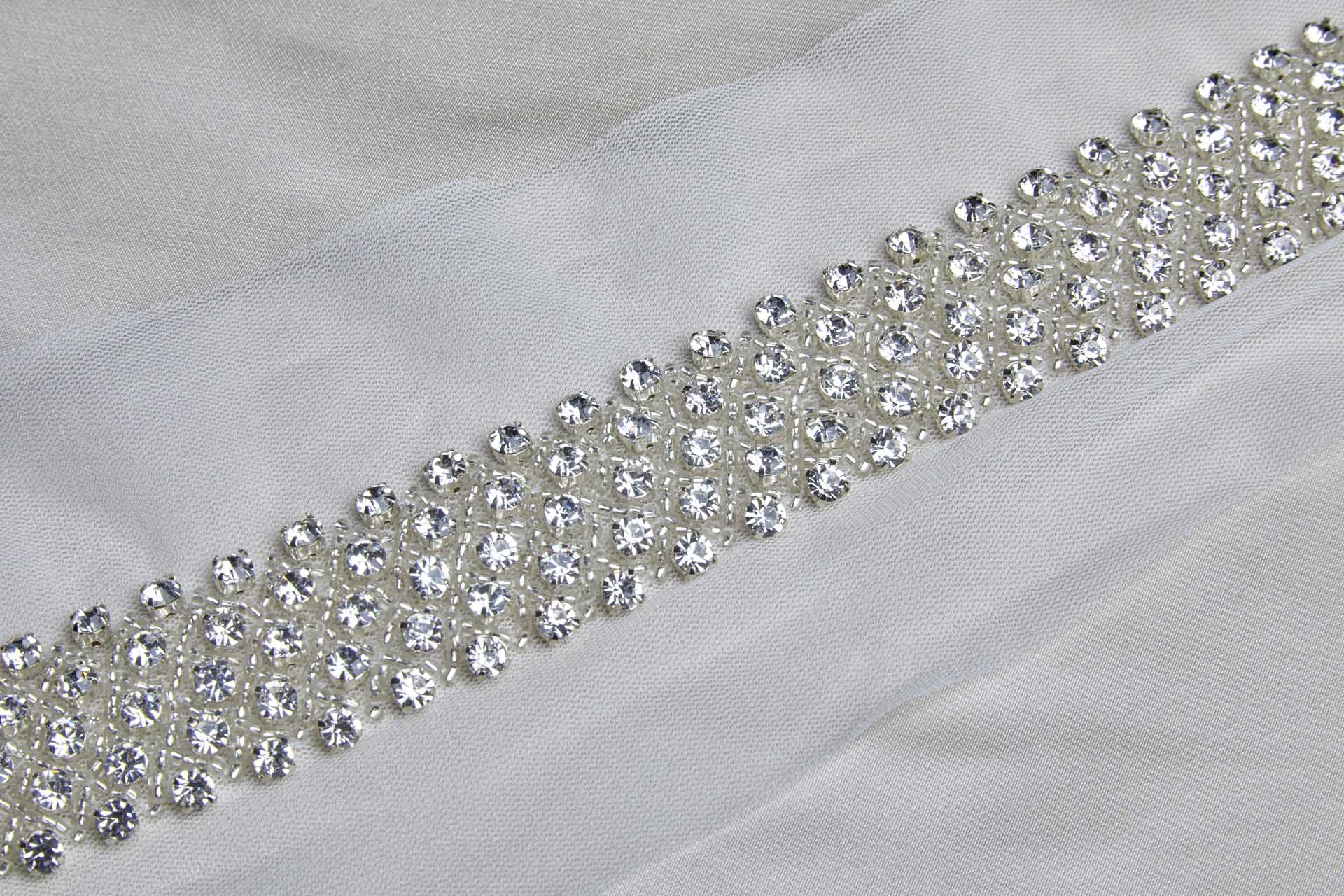 Wide Beaded Trellis Design Trim With Diamante in Silver