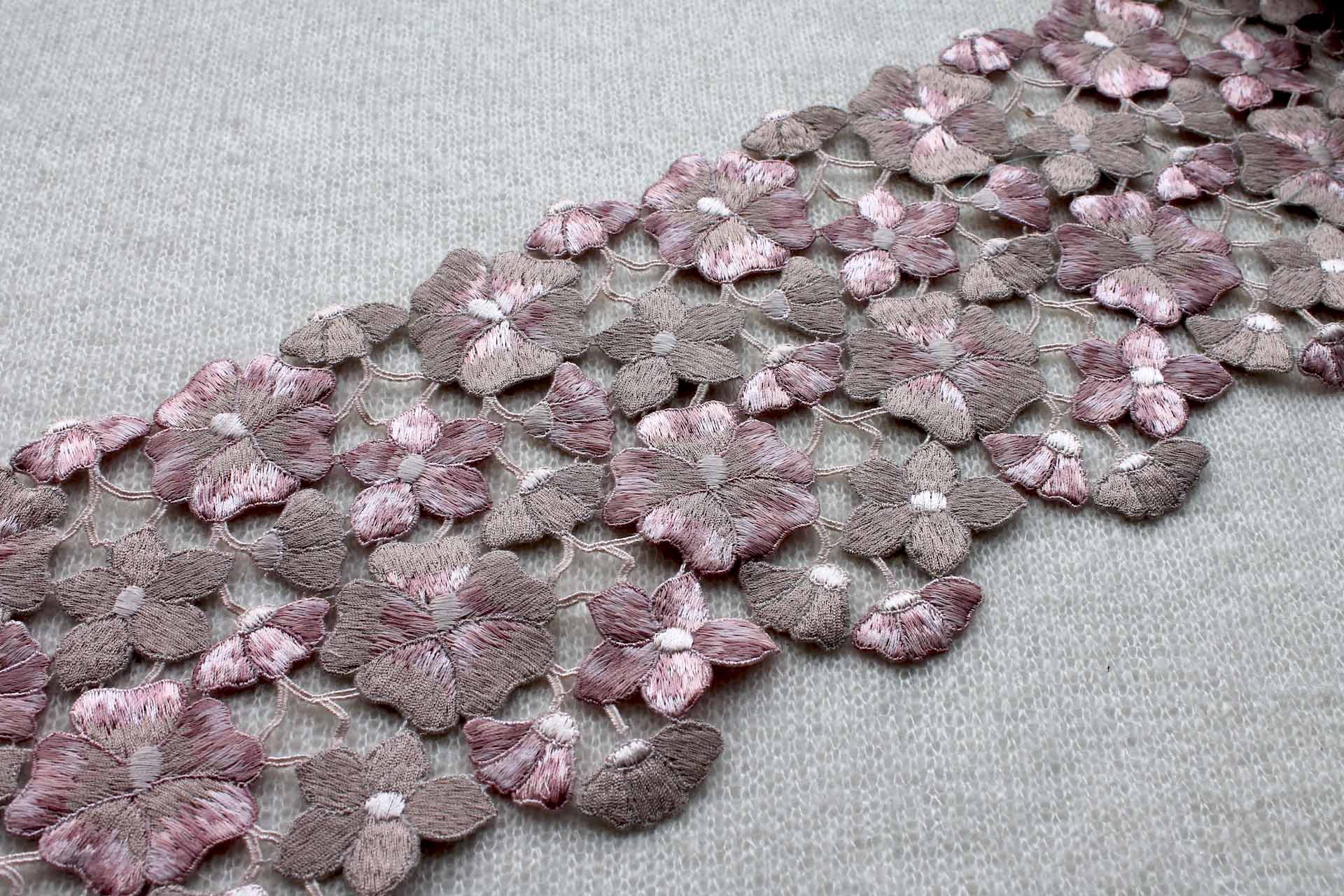 Embroidered Floral Guipure Trim - Pink / Oyster, image 2 of 4