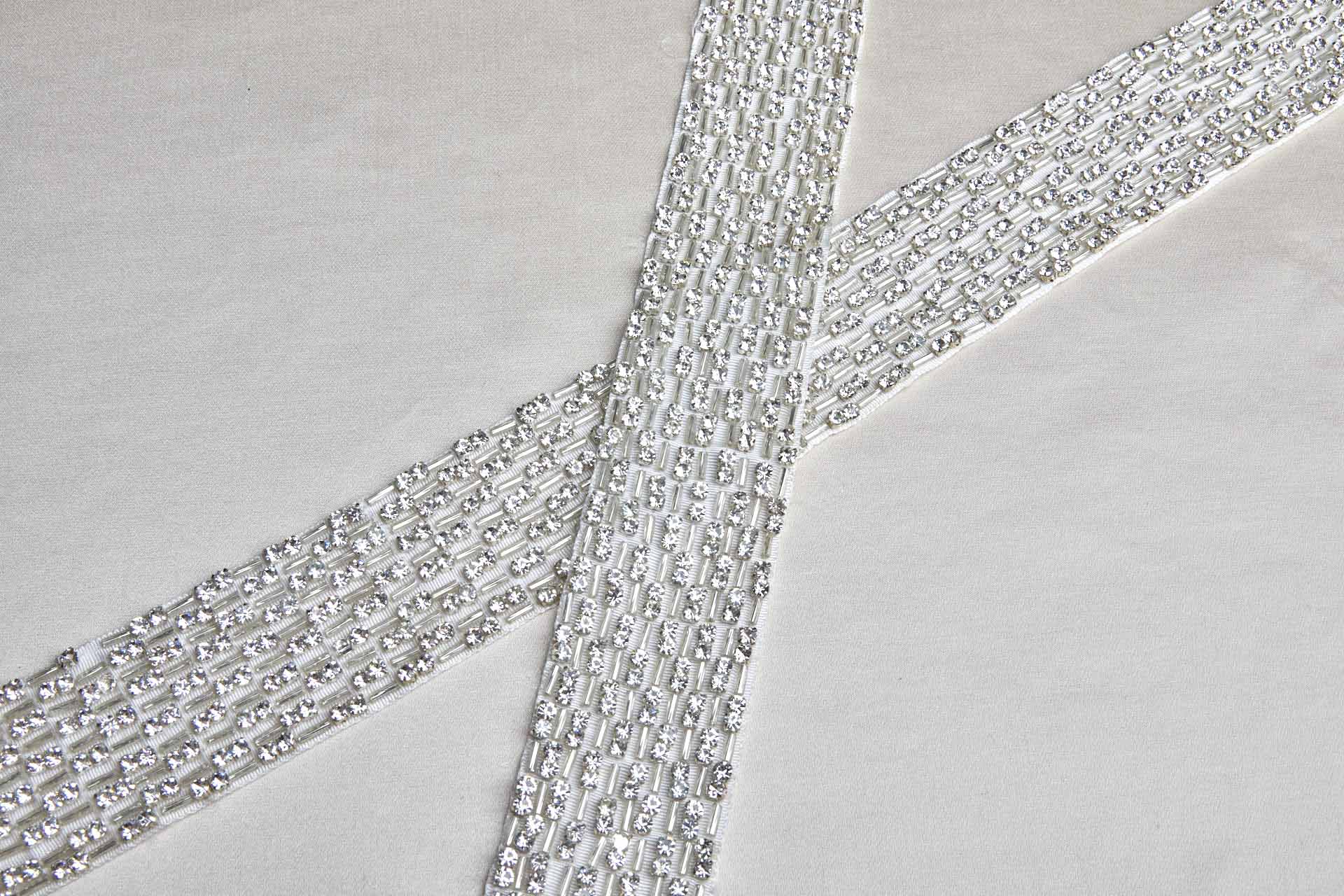 Wide Beaded Diamanté Grosgrain Ribbon in Ivory and Silver trim
