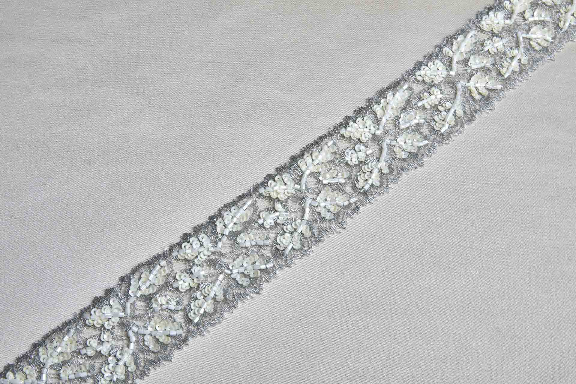 Beaded and Sequinned Lace Trim - Silver / Cream, image 6 of 6