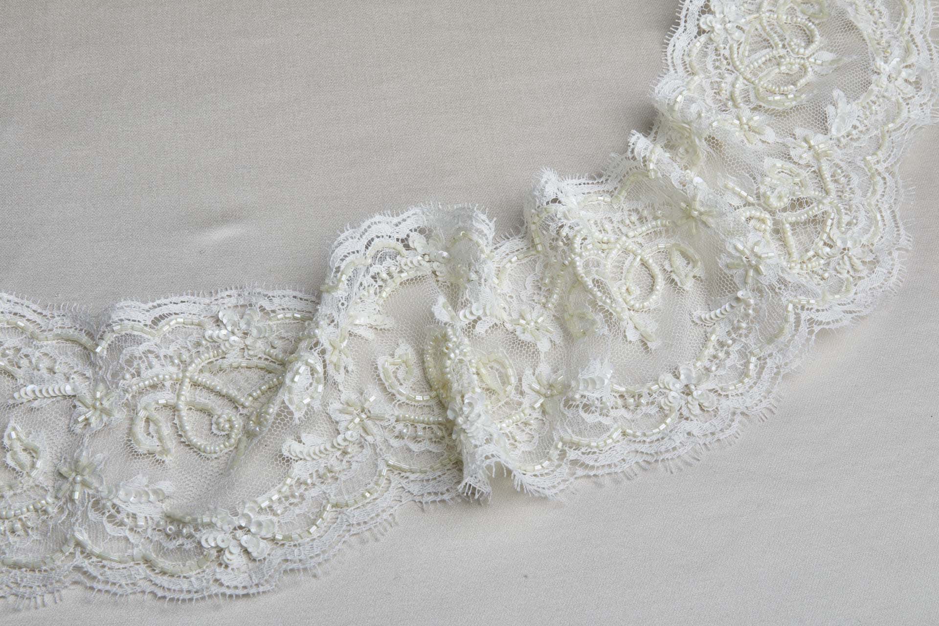 Beaded and Sequinned Double Scalloped Lace Trim in Ivory and Cream, image 4 of 6