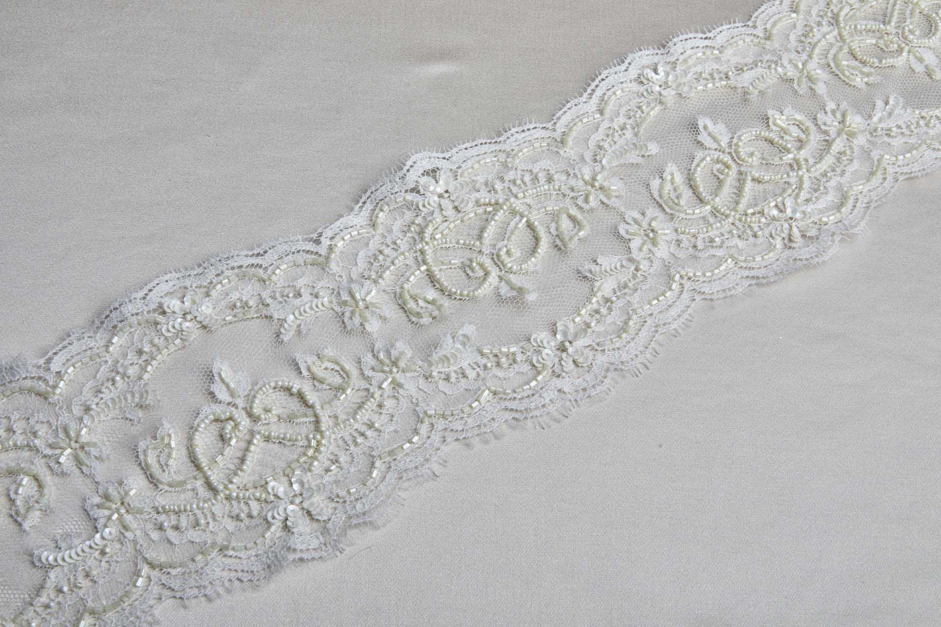Beaded and Sequinned Double Scalloped Lace Trim in Ivory and Cream, image 5 of 6