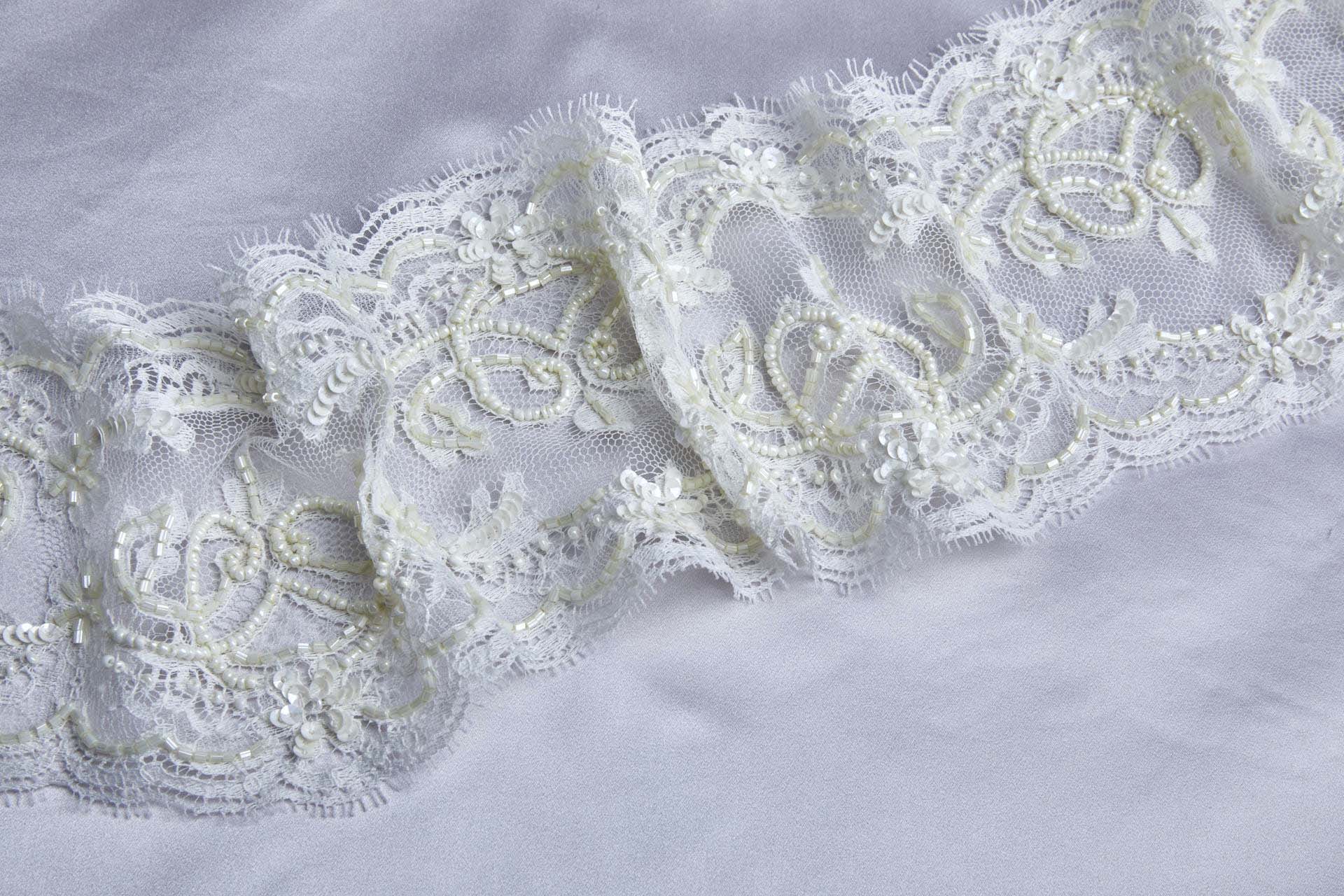 Beaded and Sequinned Double Scalloped Lace Trim in Ivory and Cream