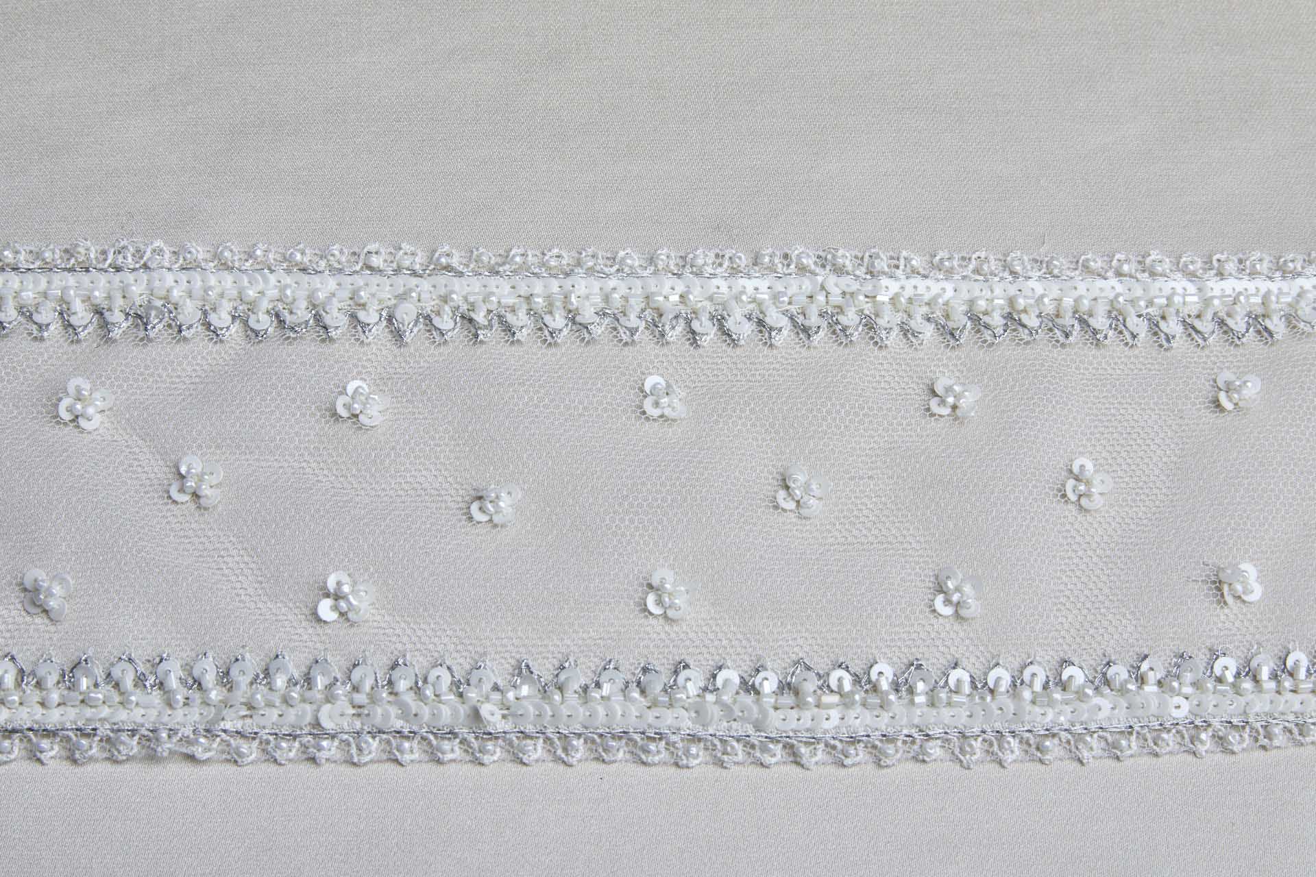 Wide Beaded, Embroidered and sequinned Tulle Trim in Ivory and Grey, image 4 of 4