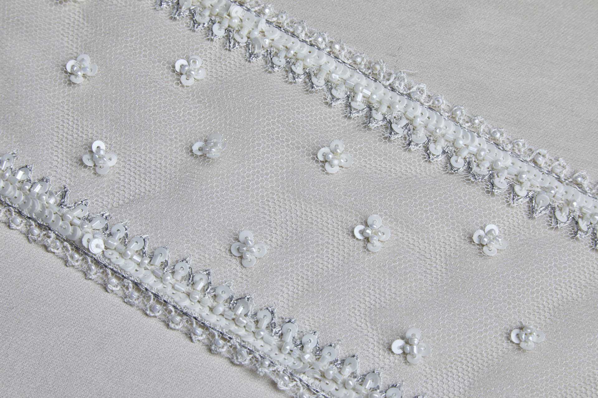 Wide Beaded, Embroidered and sequinned Tulle Trim in Ivory and Grey, image 2 of 4