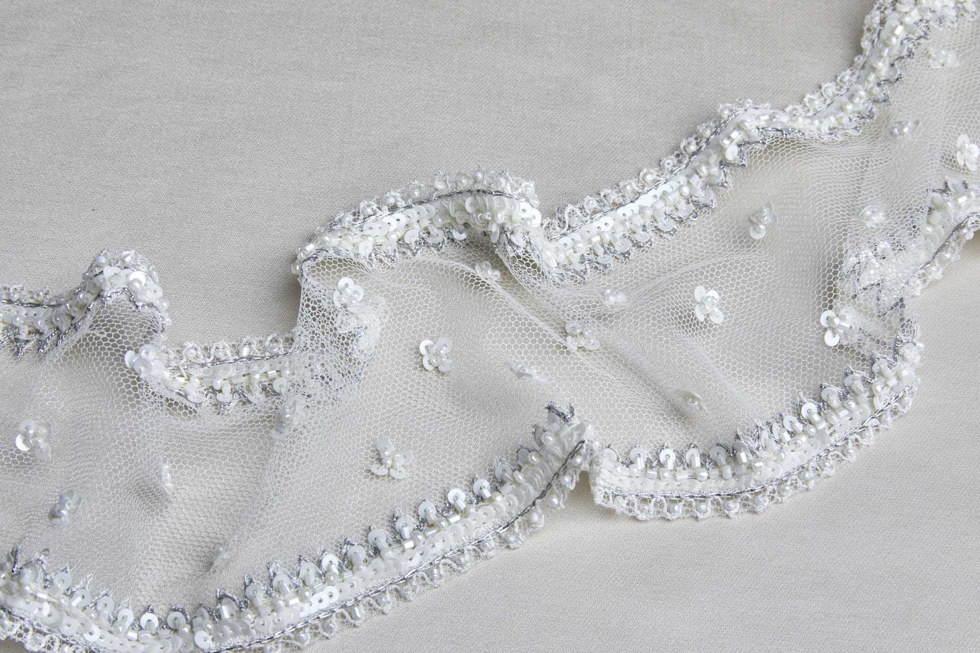 Wide Beaded, Embroidered and sequinned Tulle Trim in Ivory and Grey