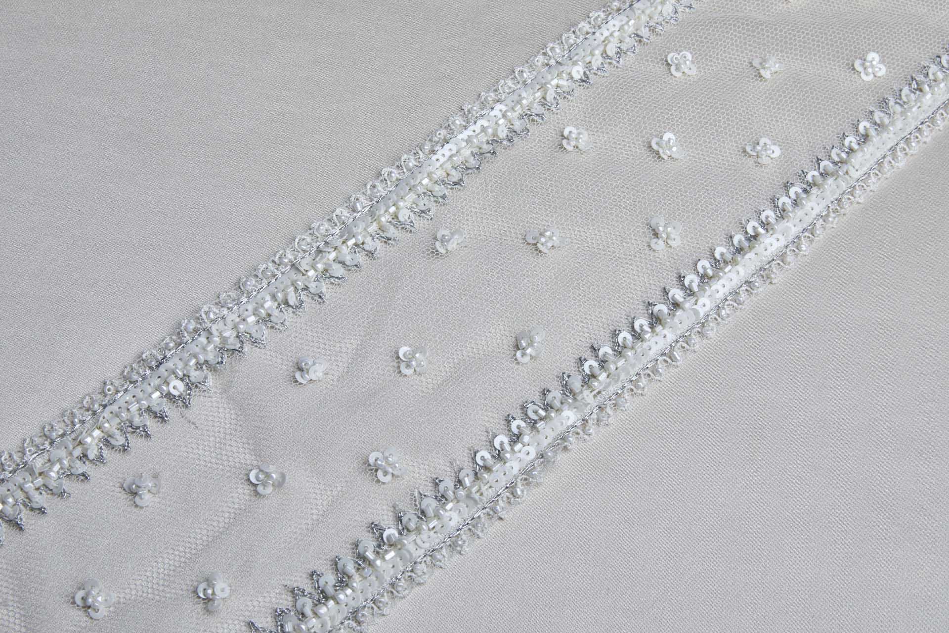 Wide Beaded, Embroidered and sequinned Tulle Trim in Ivory and Grey, image 3 of 4