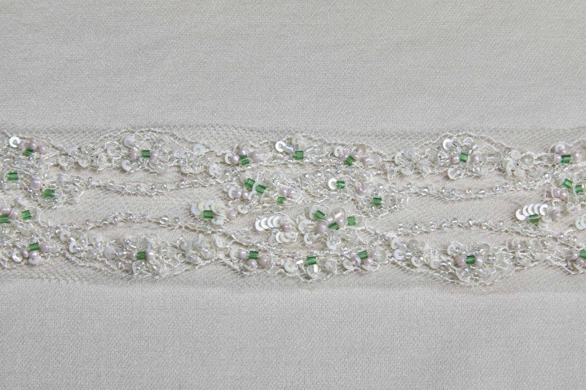 Delicate Lace Trim with Pink, Green and Clear / Ivory Beads, image 6 of 6