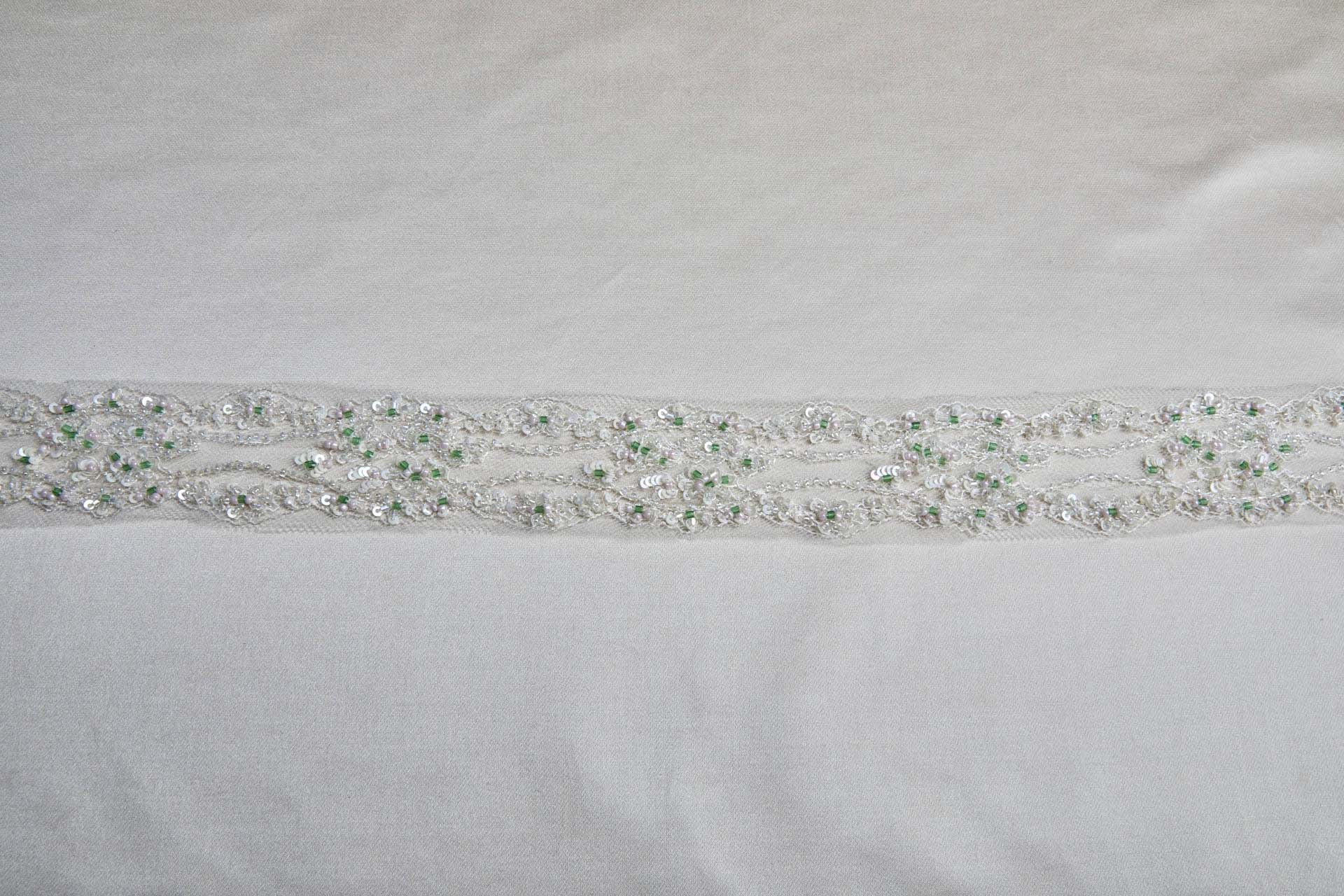 Delicate Lace Trim with Pink, Green and Clear / Ivory Beads, image 2 of 6