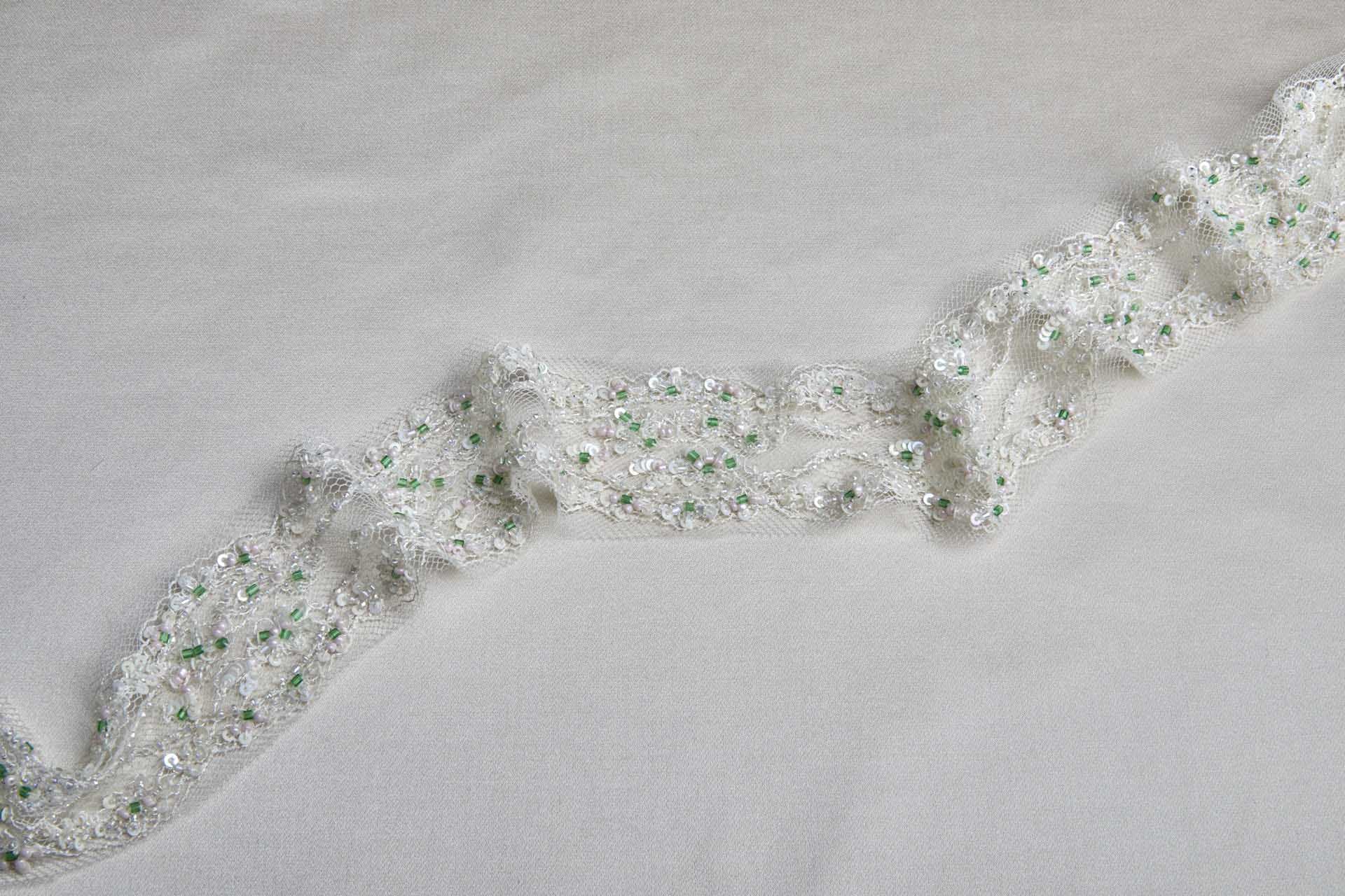Delicate Lace Trim with Pink, Green and Clear / Ivory Beads, image 3 of 6