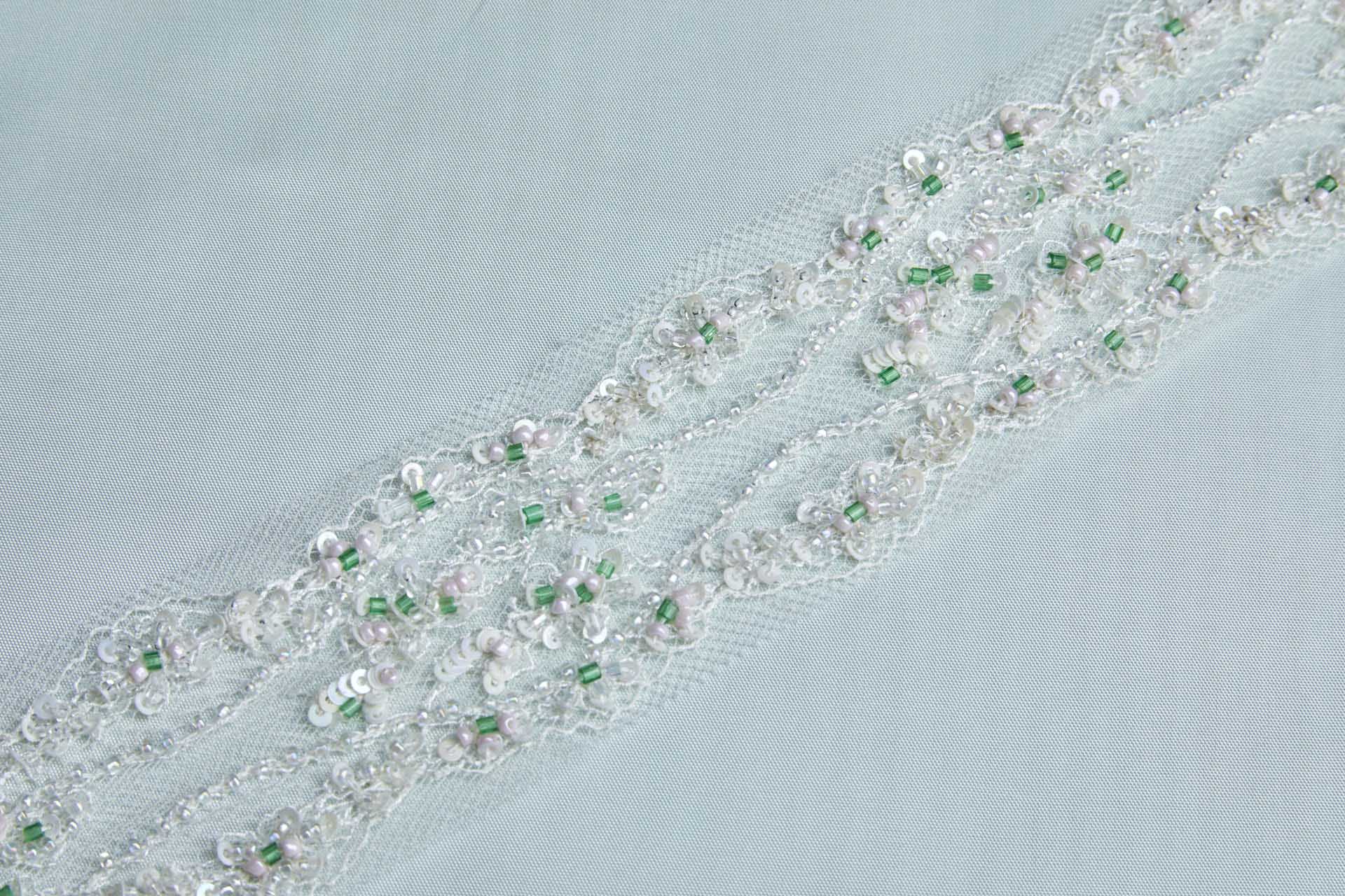 Delicate Lace Trim with Pink, Green and Clear / Ivory Beads, image 5 of 6