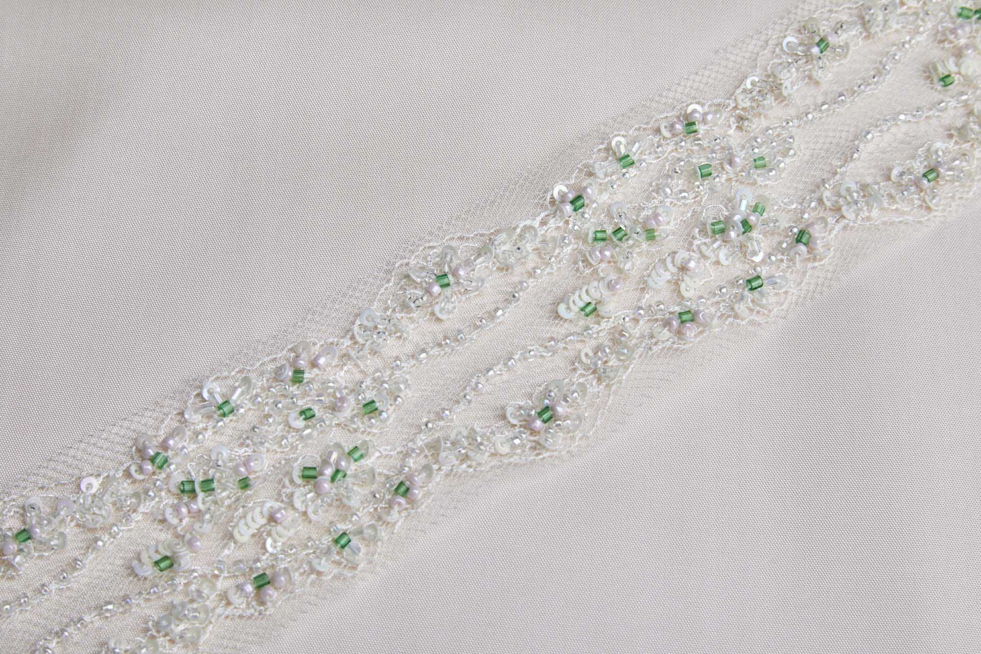 Delicate Lace Trim with Pink, Green and Clear / Ivory Beads
