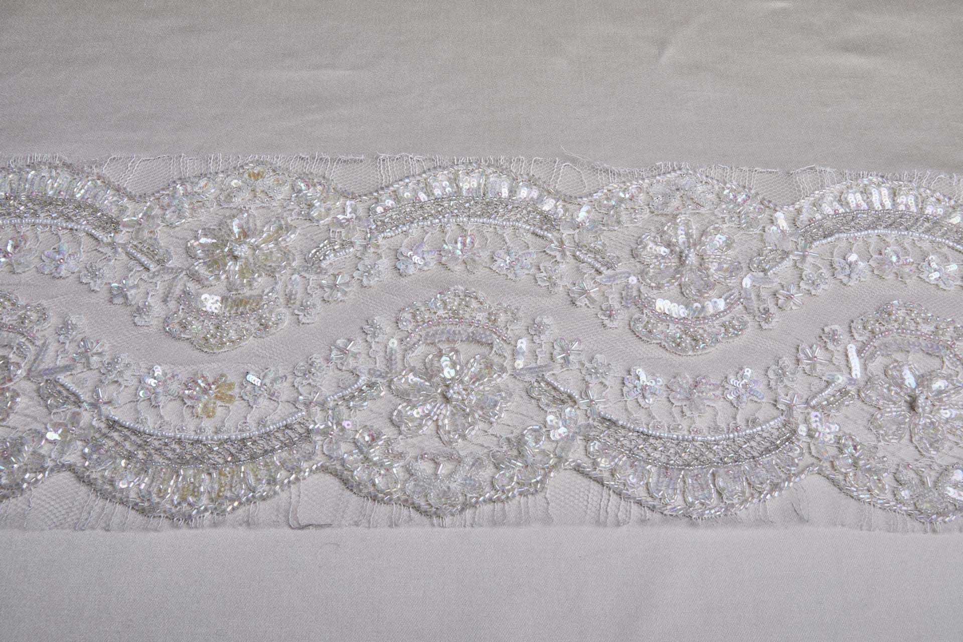 Double Scalloped AB Beaded and Sequinned Leavers Lace Trim in Ivory, image 9 of 9