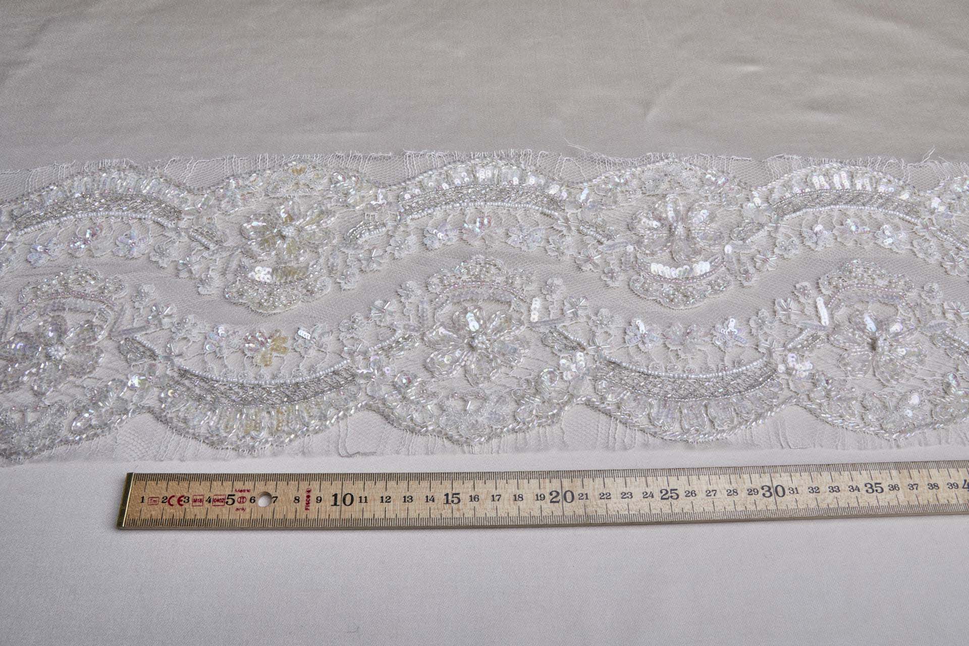 Double Scalloped AB Beaded and Sequinned Leavers Lace Trim in Ivory, image 2 of 9