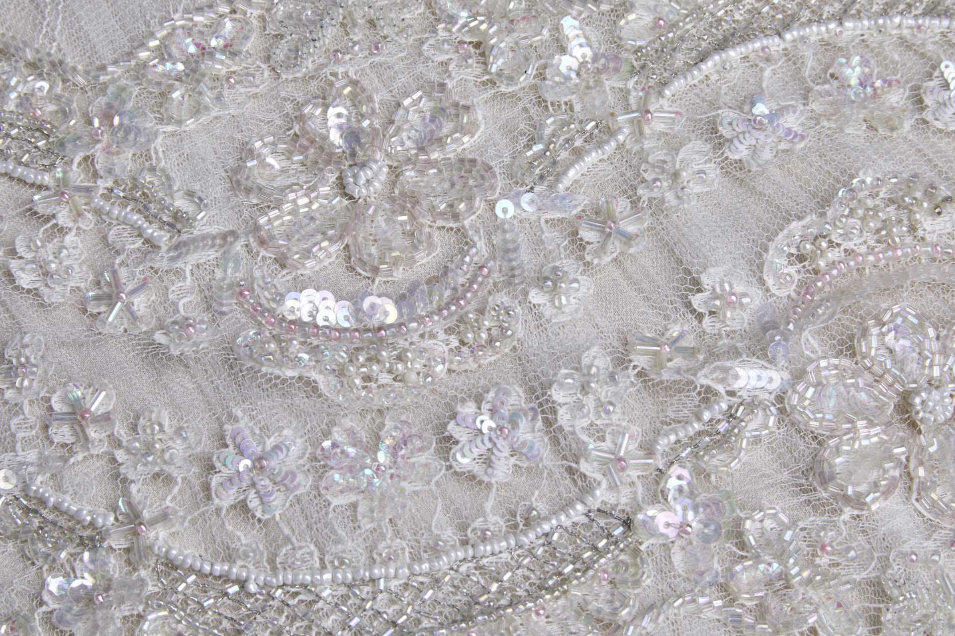 Double Scalloped AB Beaded and Sequinned Leavers Lace Trim in Ivory, image 6 of 9