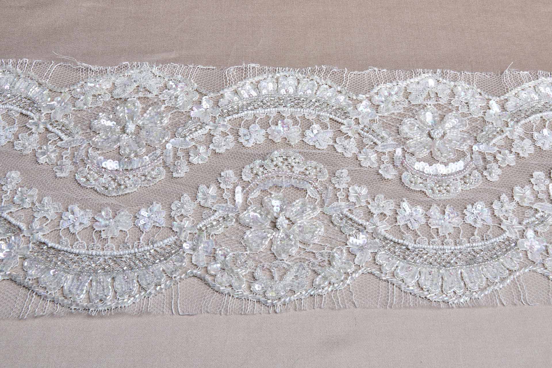 Double Scalloped AB Beaded and Sequinned Leavers Lace Trim in Ivory, image 7 of 9
