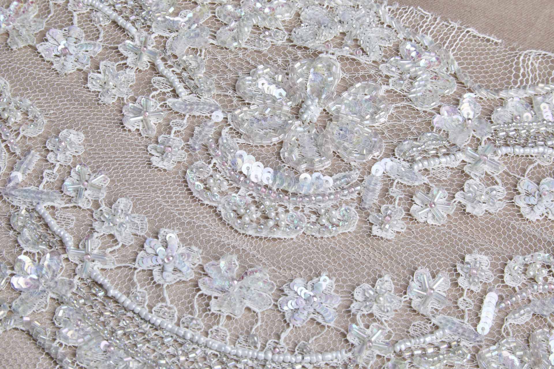 Double Scalloped AB Beaded and Sequinned Leavers Lace Trim in Ivory, image 8 of 9