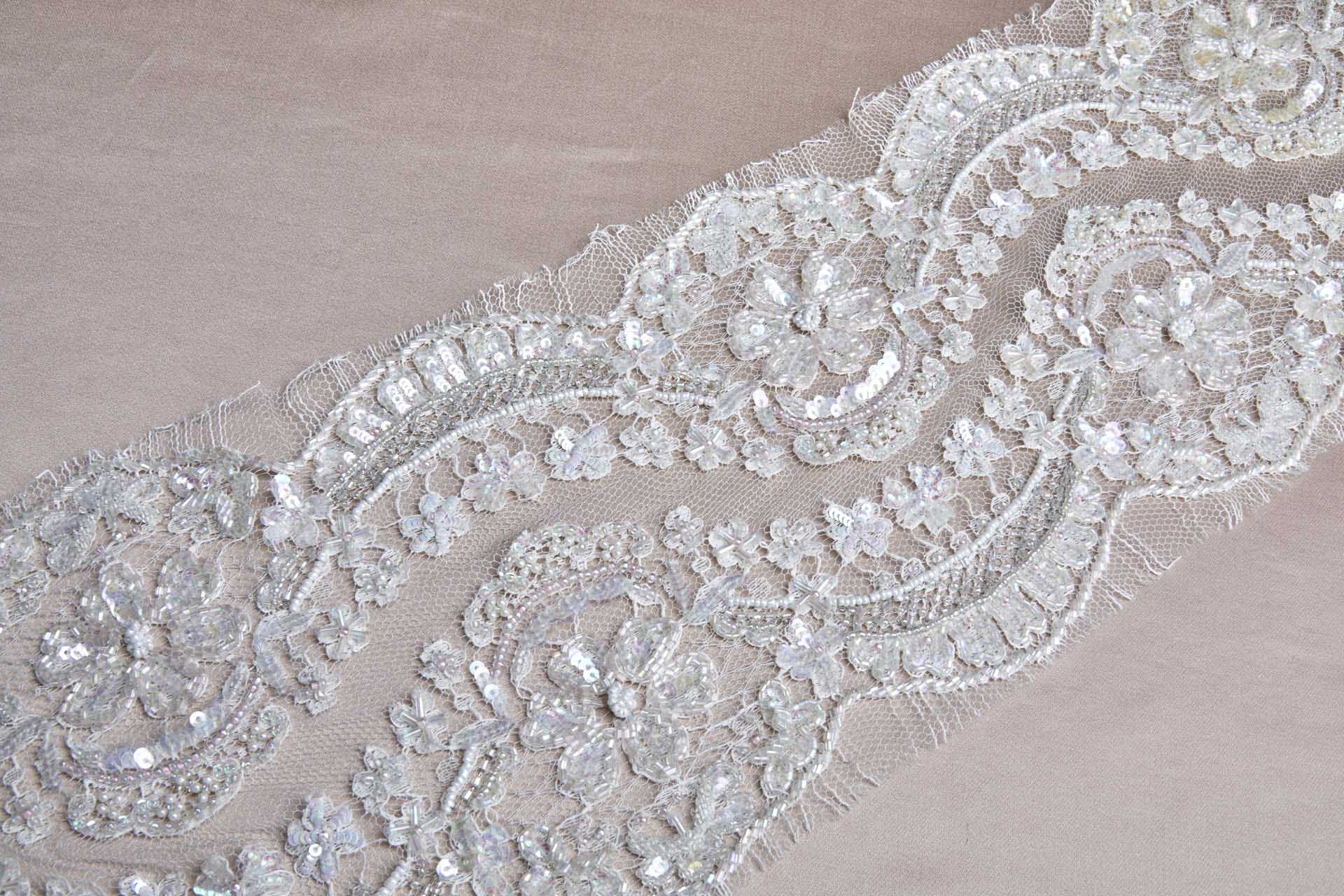 Double Scalloped AB Beaded and Sequinned Leavers Lace Trim in Ivory