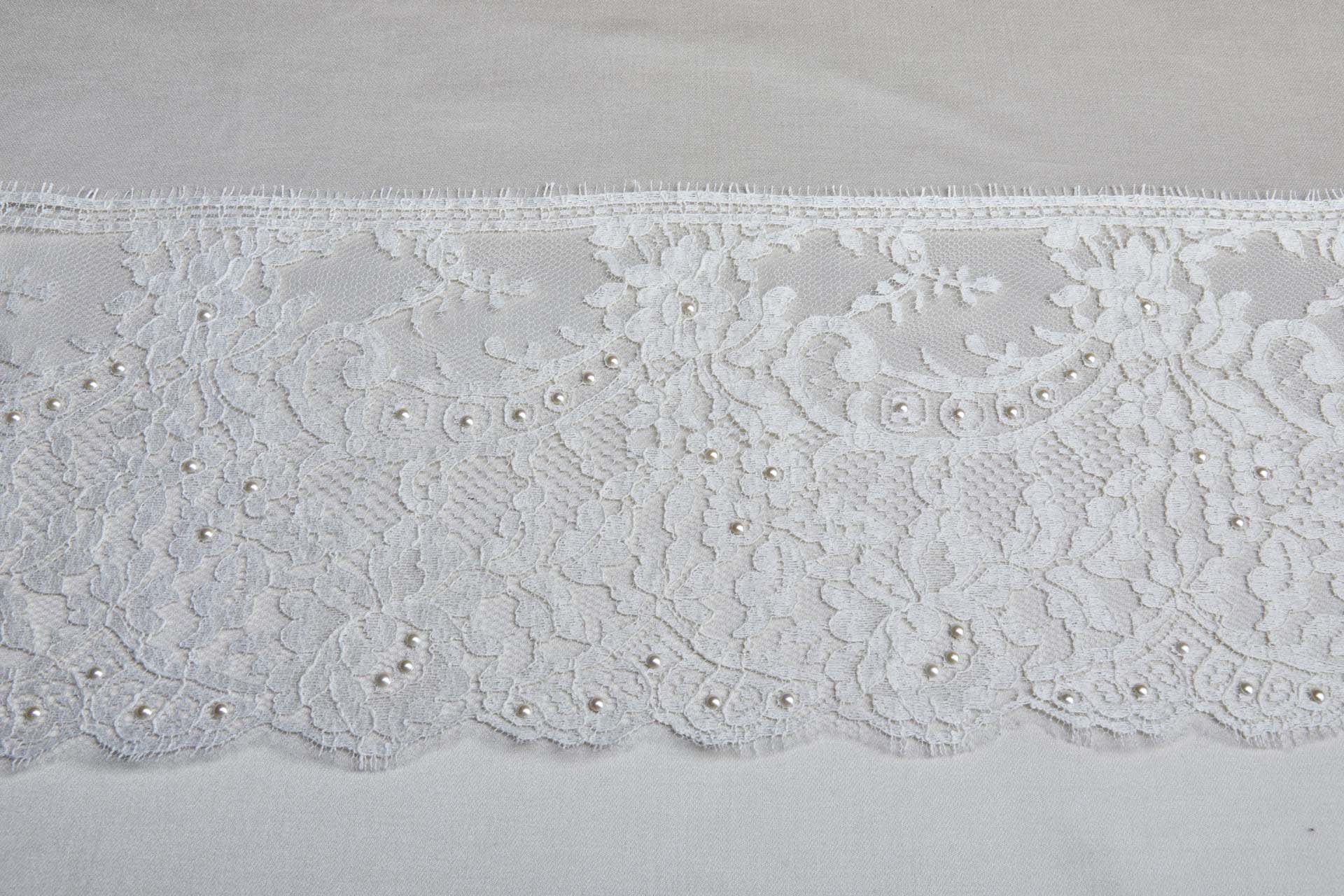 Scroll Border Leavers Lace Trim in Ivory with Pearls, image 6 of 6