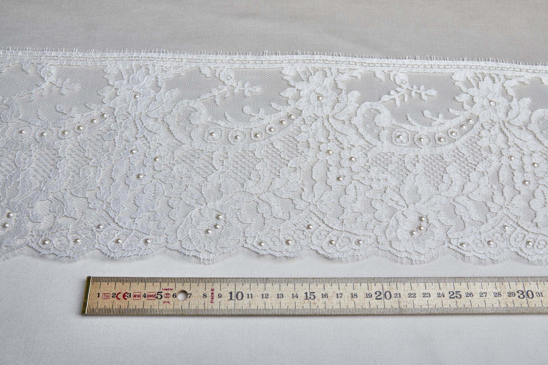 Scroll Border Leavers Lace Trim in Ivory with Pearls, image 2 of 6