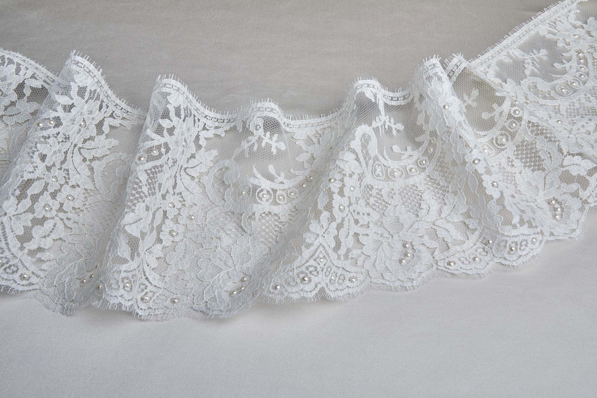 Scroll Border Leavers Lace Trim in Ivory with Pearls, image 3 of 6