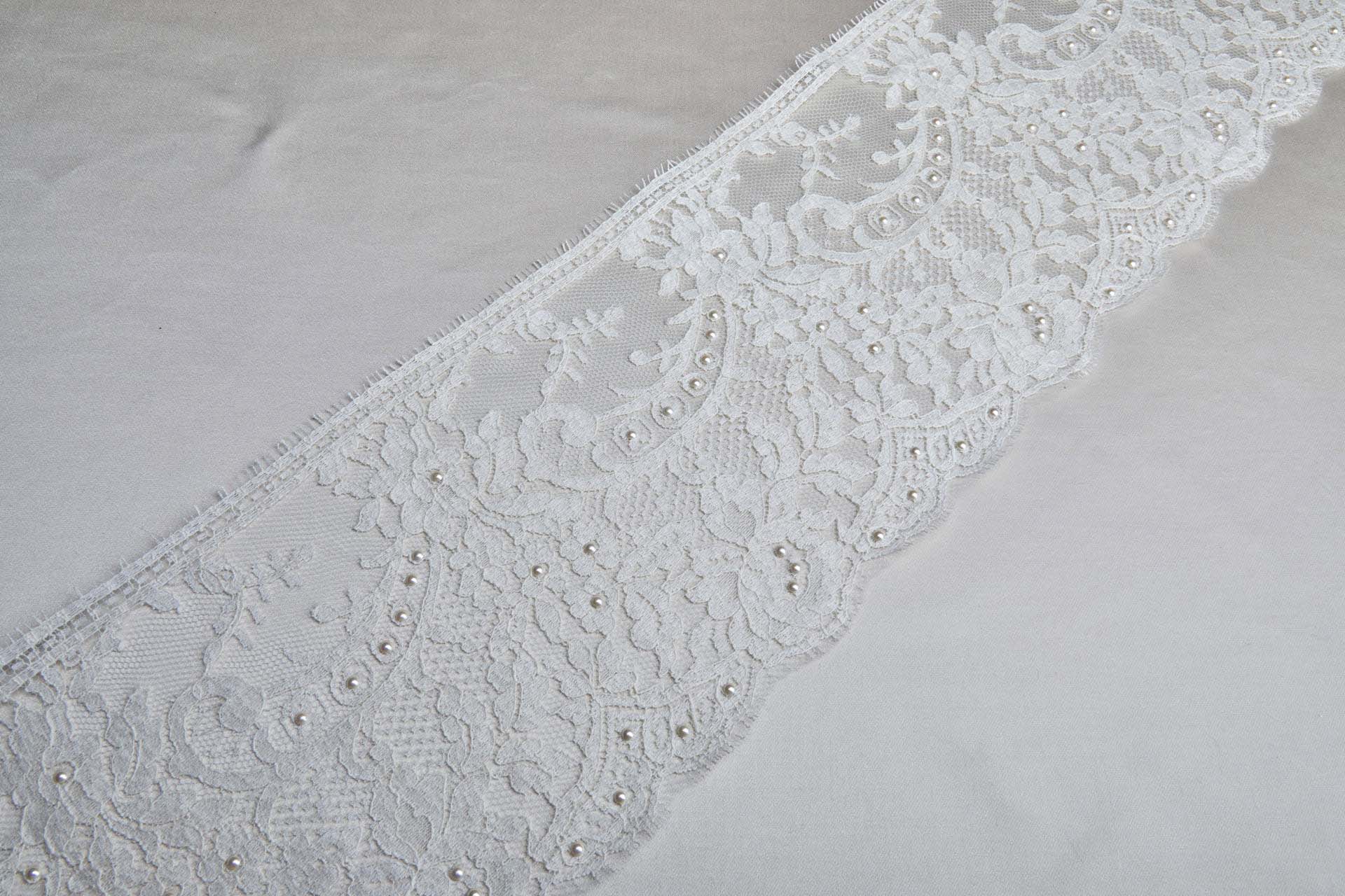 Scroll Border Leavers Lace Trim in Ivory with Pearls, image 4 of 6