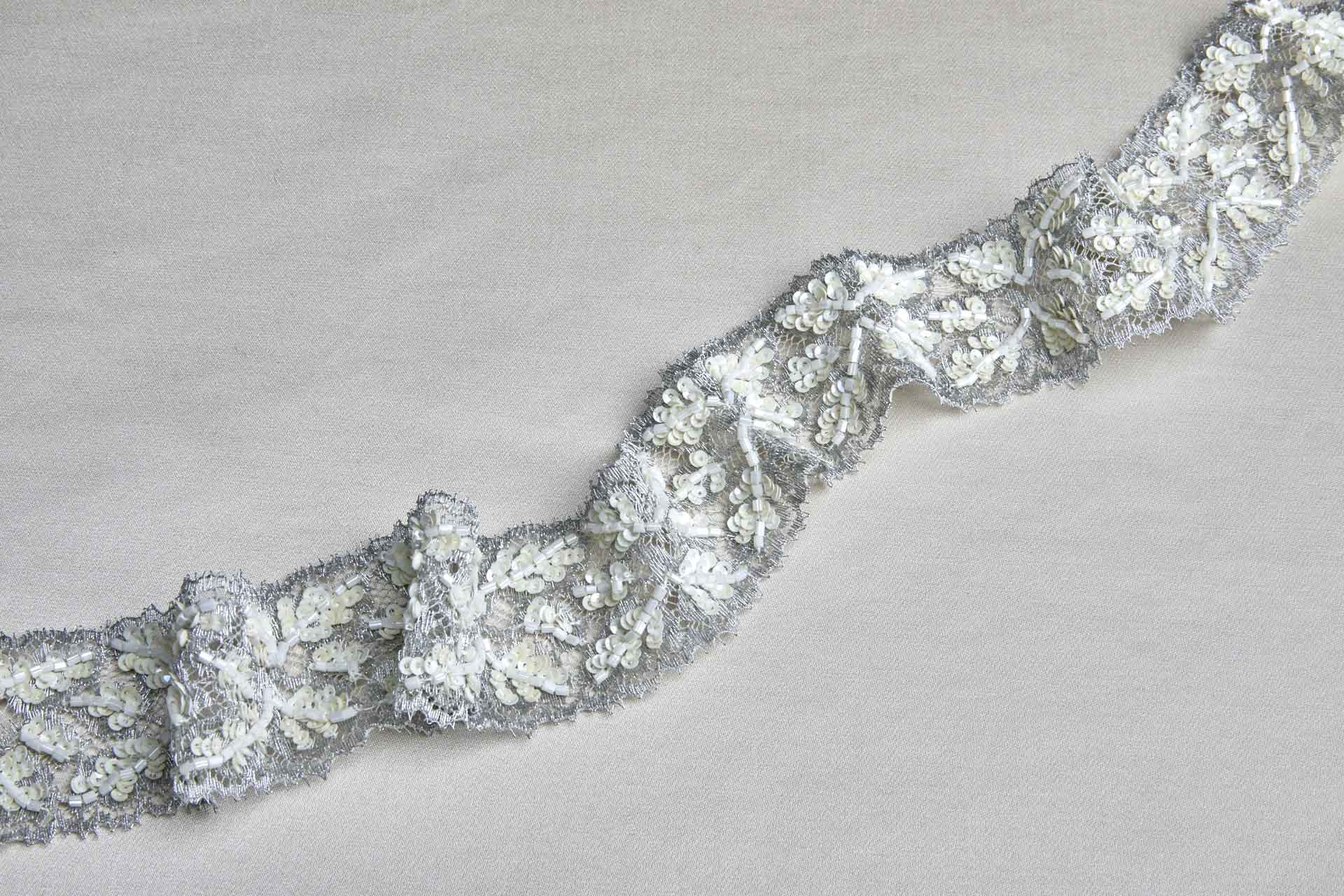 Beaded and Sequinned Lace Trim - Silver / Cream