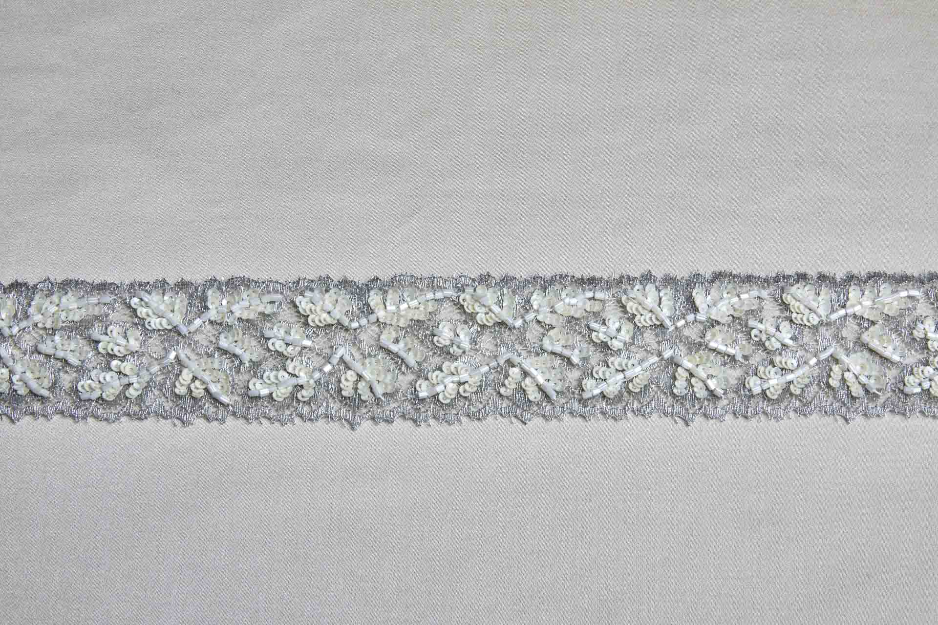 Beaded and Sequinned Lace Trim - Silver / Cream, image 3 of 6